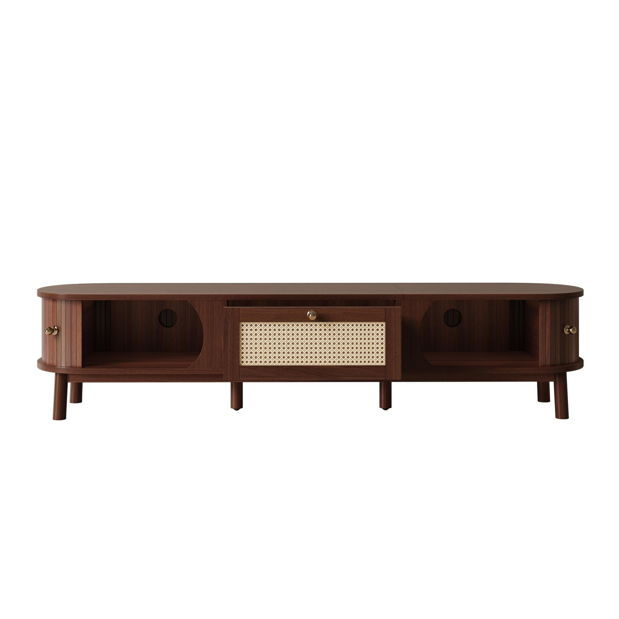 Modern Walnut TV Cabinet with Handwoven Rattan Drawers, Sliding-Door TV Stand with Solid Wood Legs, 170L x 39.5W x 38H cm, Walnut | Aosom UK