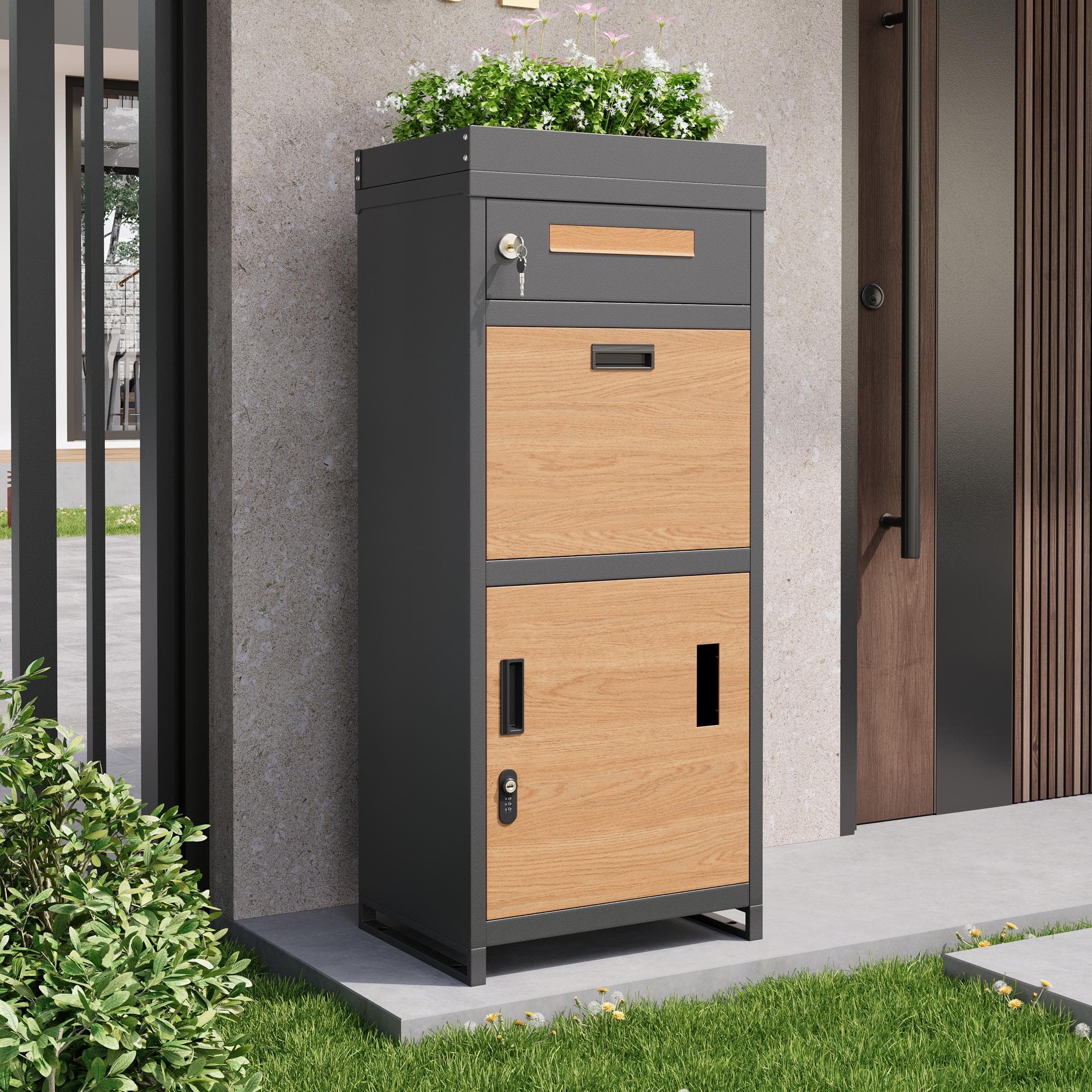 Parcel Mailbox with Integrated Planter and Letter Storage, Anti-Theft Delivery Box with Viewing Window, 50L x 37W x 118.5H cm, Grey+Wood | Aosom UK