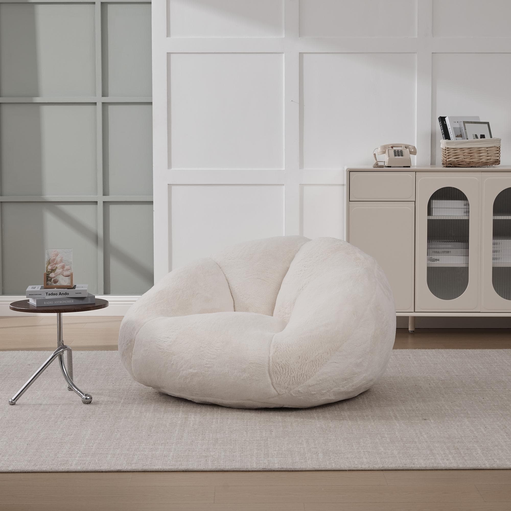 Shell-Shaped Bean Bag Chair with Memory Foam Filling, Ergonomic Floor Lounger with Faux Fur Removable Cover, 100L x 90W x 57H cm, Beige | Aosom UK
