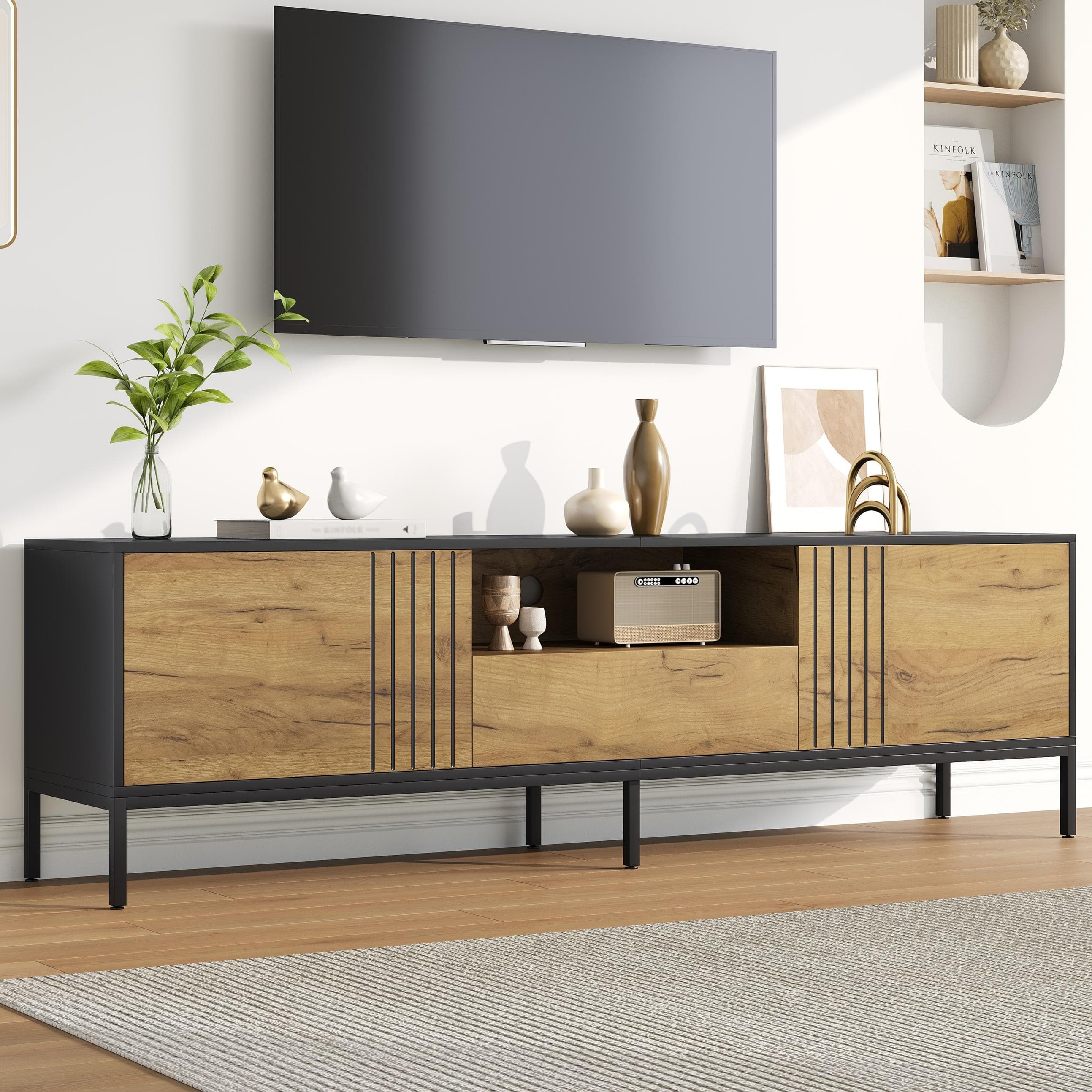 Low-Profile Nordic TV Cabinet with 2 cabinets and Open Shelves, Stylish TV Stand with Chipboard Construction, 170L x 35W x 50H cm, Natural | Aosom UK