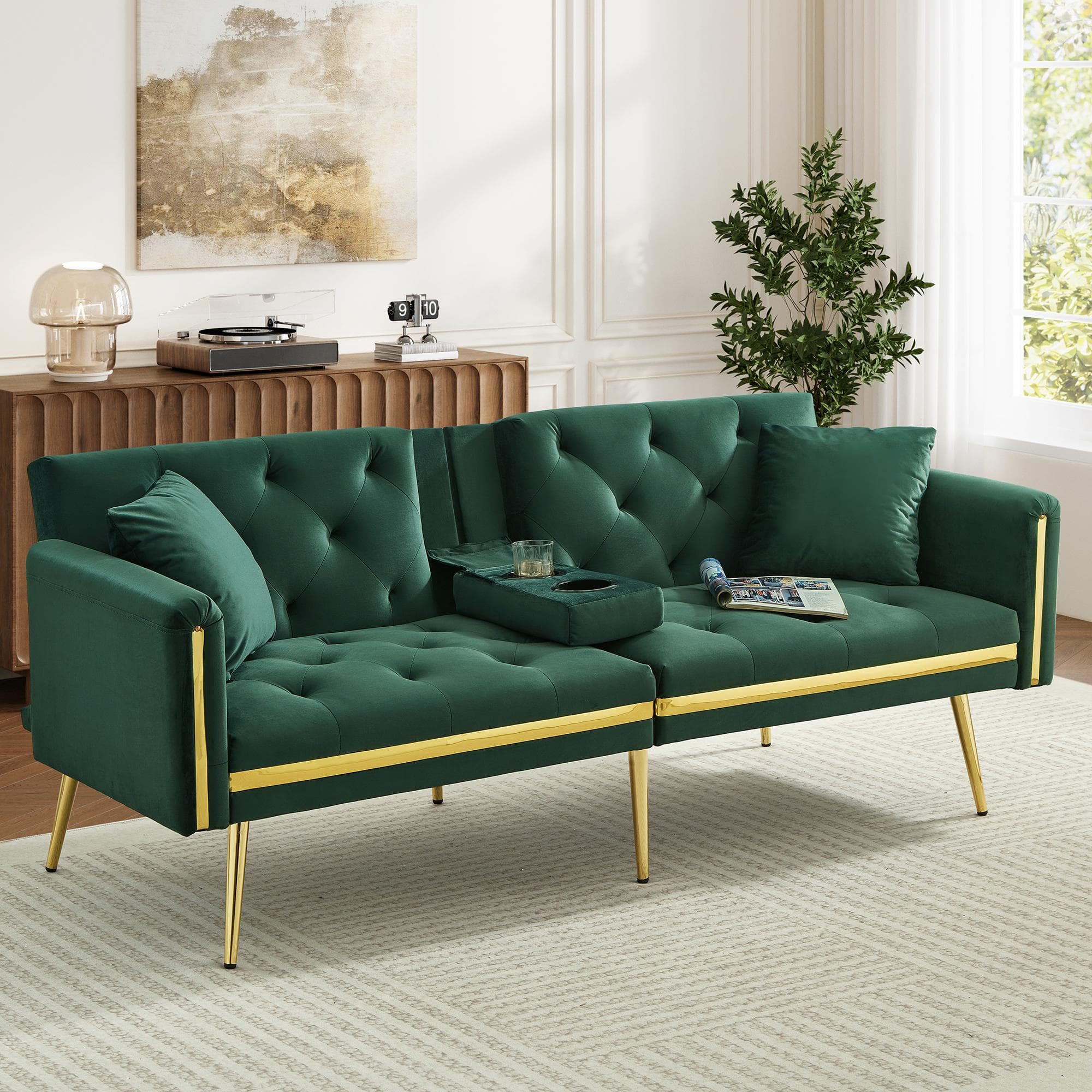 Two-Seater Convertible Sofa Bed with  Adjustable Backrest, Space-Saving Sleeper Sofa with High-Density Foam, 174L x 76W x 71.5H cm, Green | Aosom UK