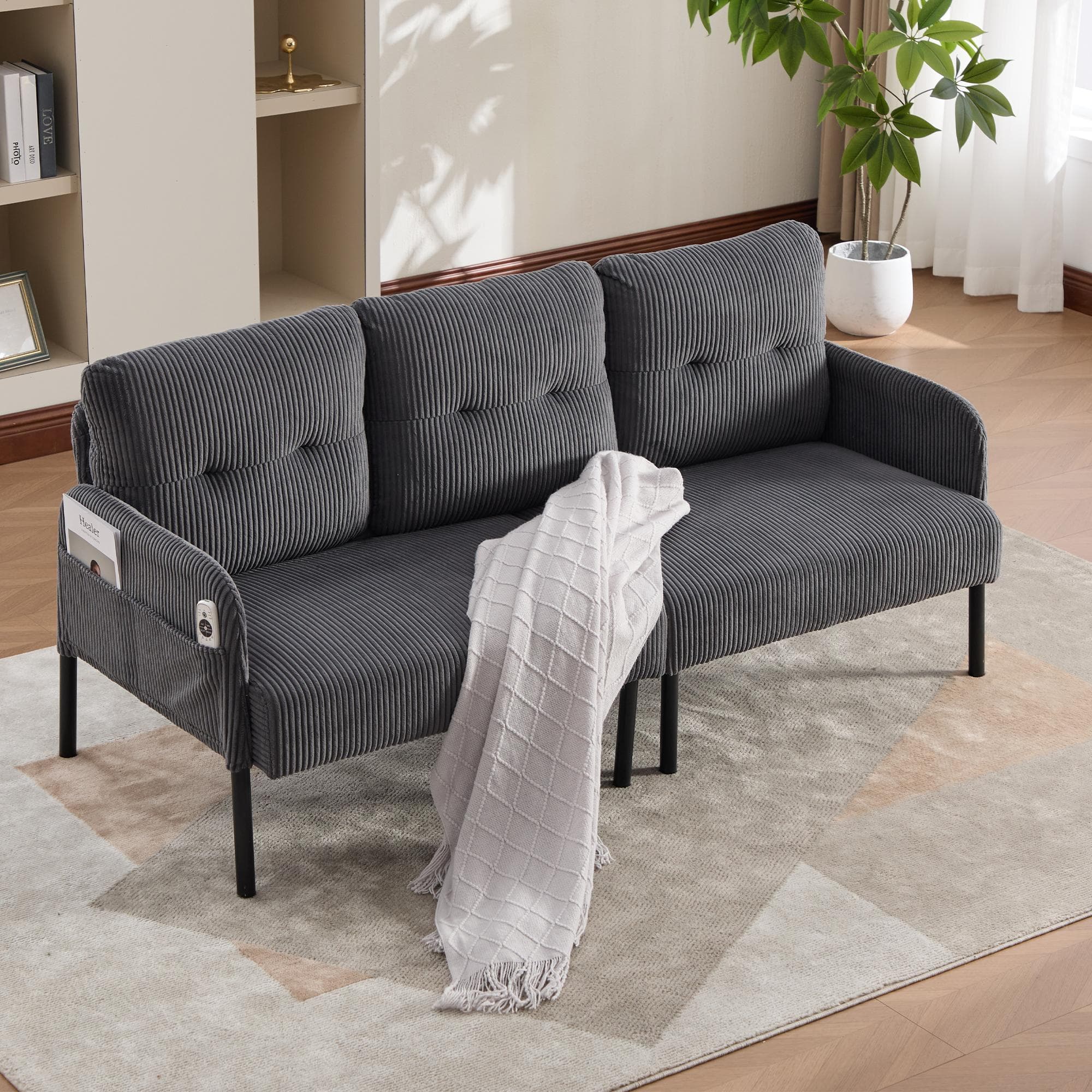 Oversized Two-Seater Sofa with Ergonomic Curves, Comfortable Loveseat with Dual Side Storage Pockets, 171L x 72W x 80H cm, Charcoal Grey | Aosom UK