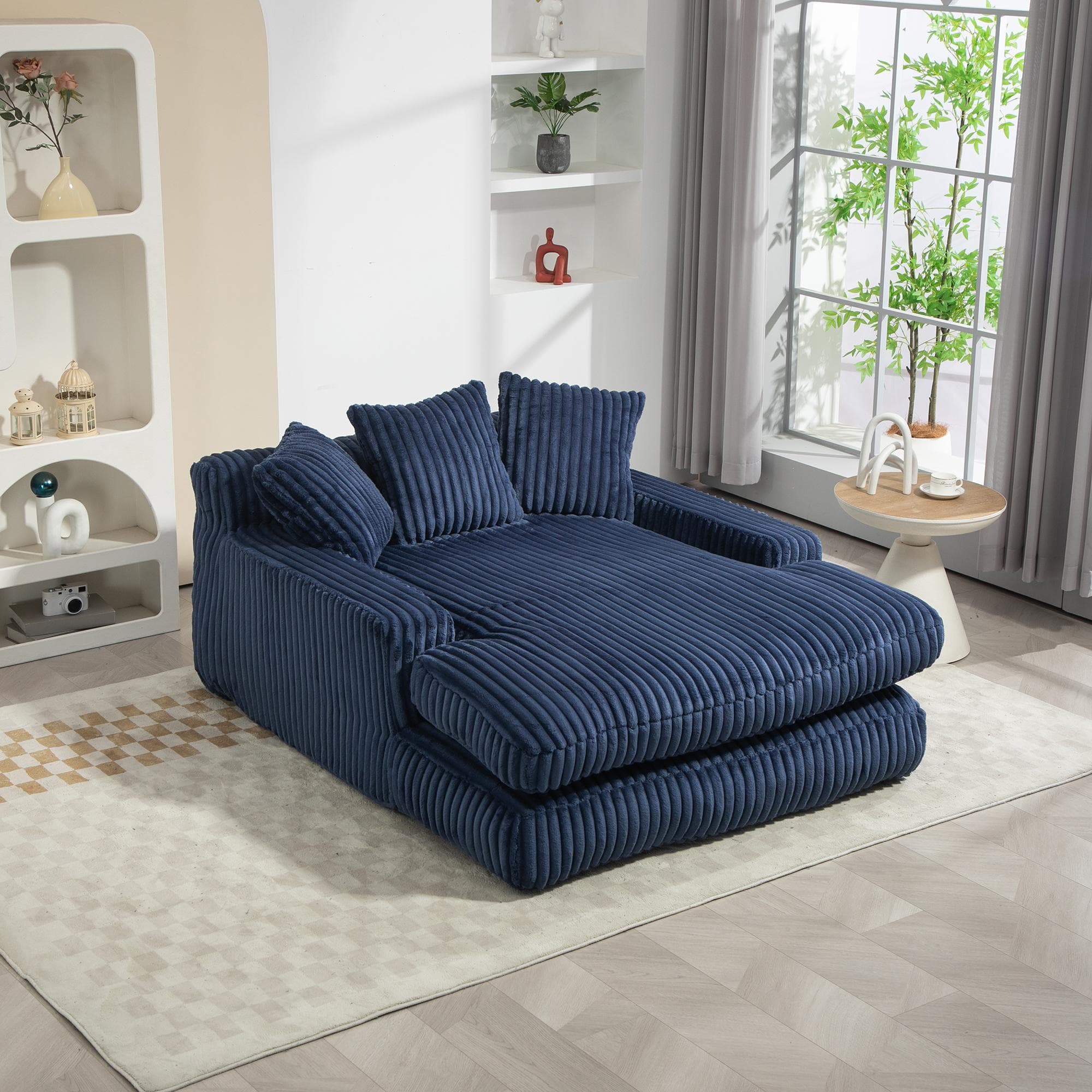Modern Oversized Chaise Lounge Chair with Memory Foam Seat, Versatile Sofa Bed for Living Room or Bedroom, 155L x 125W x 63H cm, Navy | Aosom UK