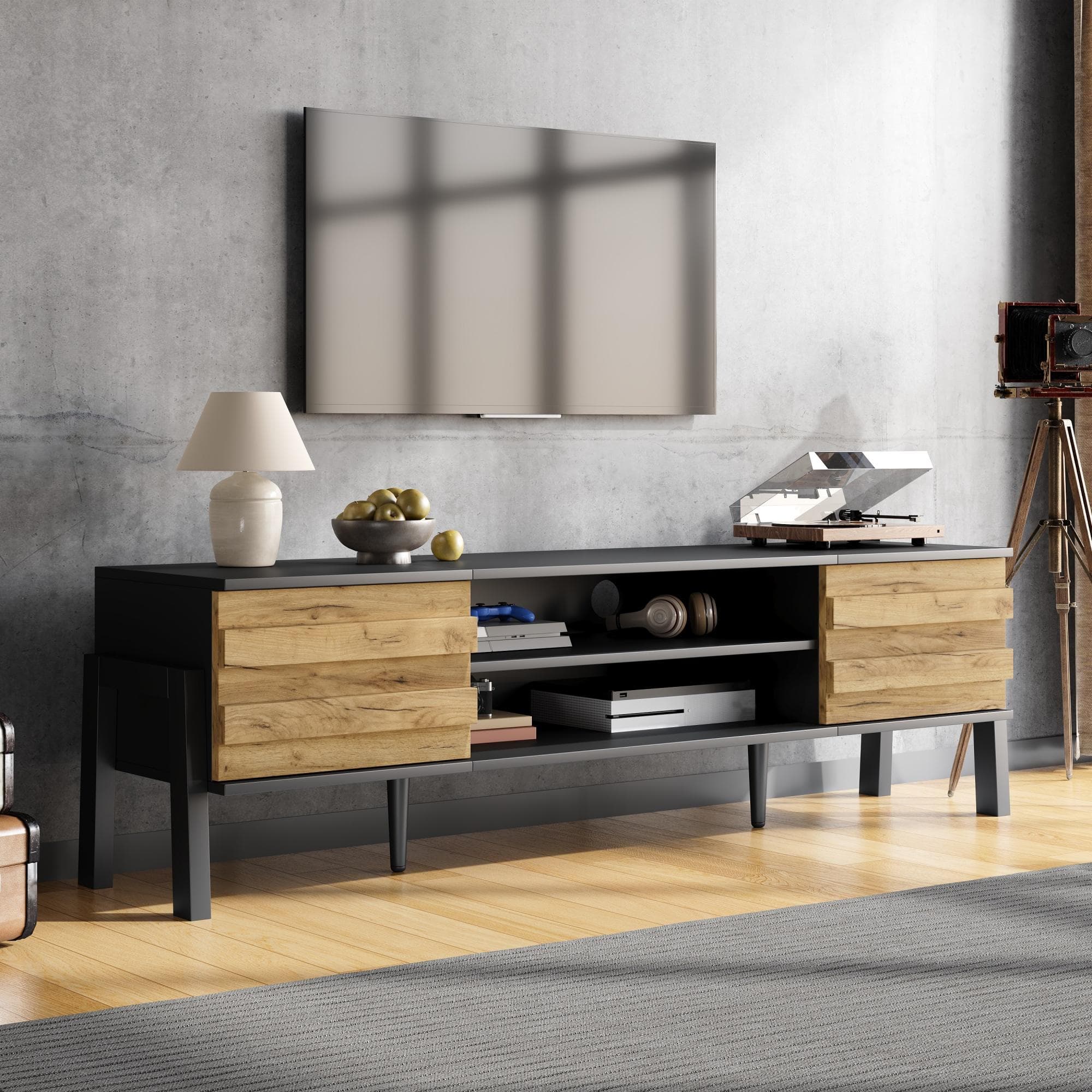 Low-Profile TV Cabinet with Soft-Close Hinges and Adjustable Shelves, Stylish TV Stand with 2 Cabinets, 175L x 39.5W x 53H cm, Natural | Aosom UK