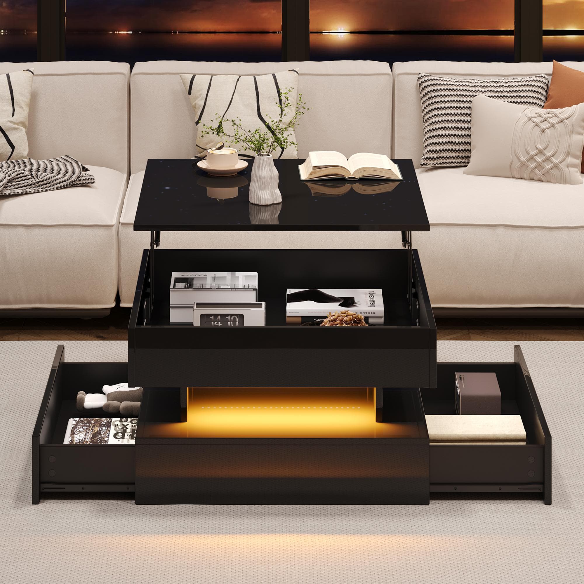 Lift-Up Coffee Table with App-Controlled LED Light Strip and Hidden Storage, Solid Center Table with 2 Drawers, 65L x 65W x 38.5H cm, Black | Aosom UK