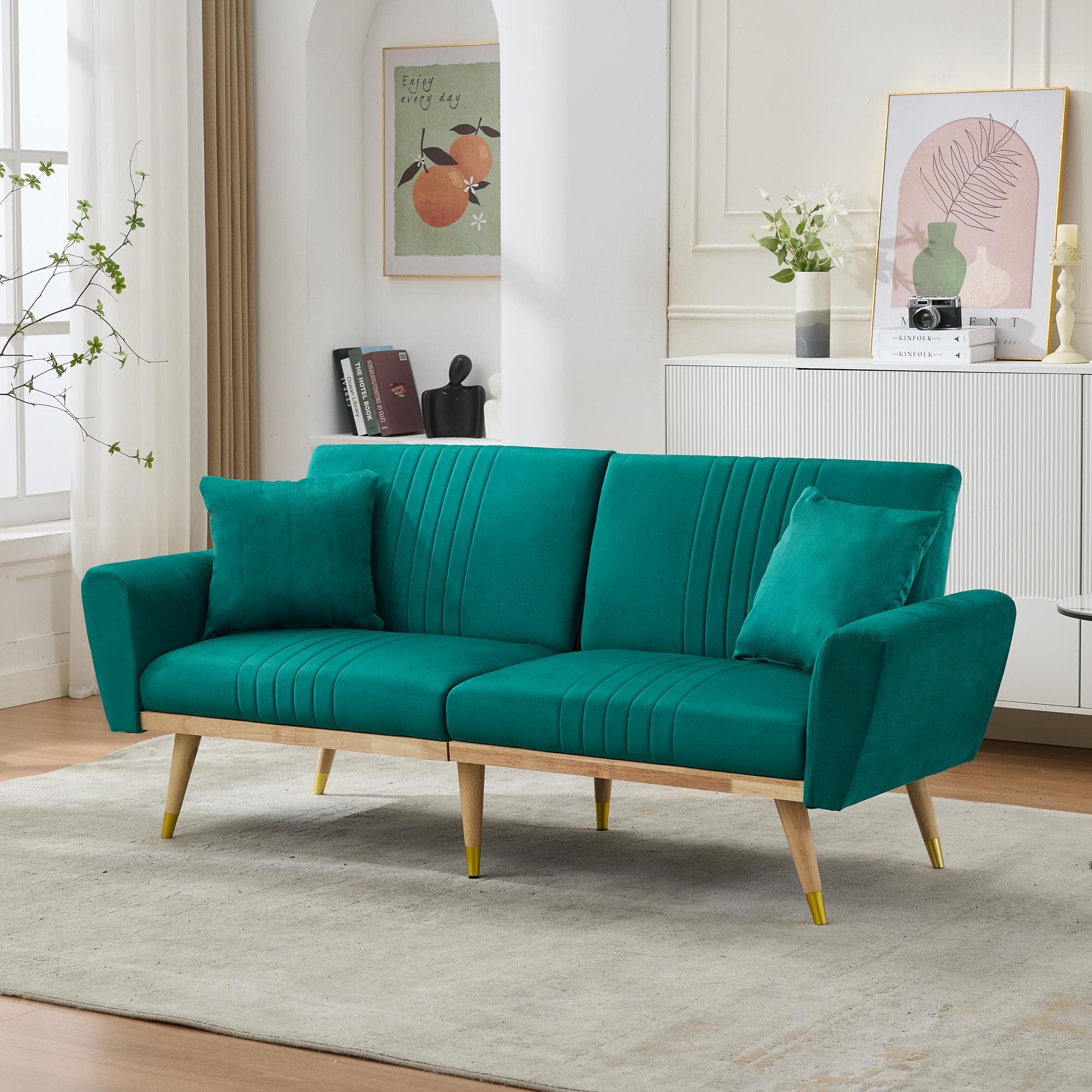 Convertible Futon Sofa Bed with 3-Position Adjustable Backrest, Modern Fleece Loveseat with Solid Wood Legs, 197.5L x 86W x 60H cm, Green | Aosom UK
