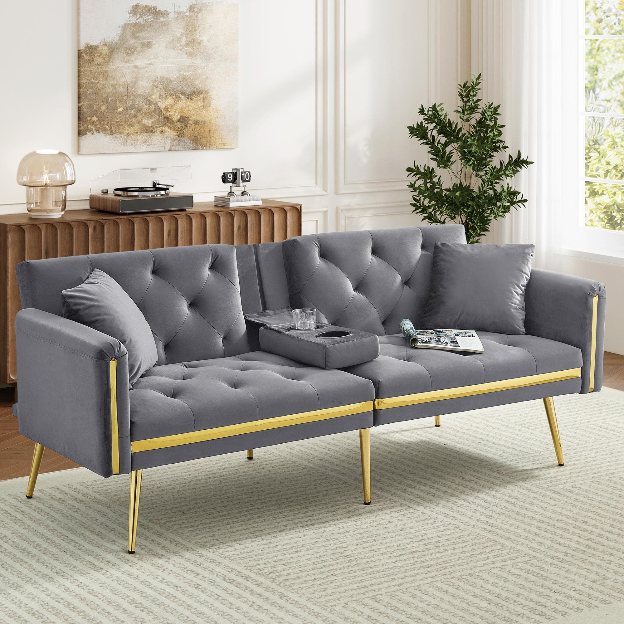 Two-Seater Convertible Sofa Bed with  Adjustable Backrest, Space-Saving Sleeper Sofa with High-Density Foam, 174L x 76W x 71.5H cm, Grey | Aosom UK