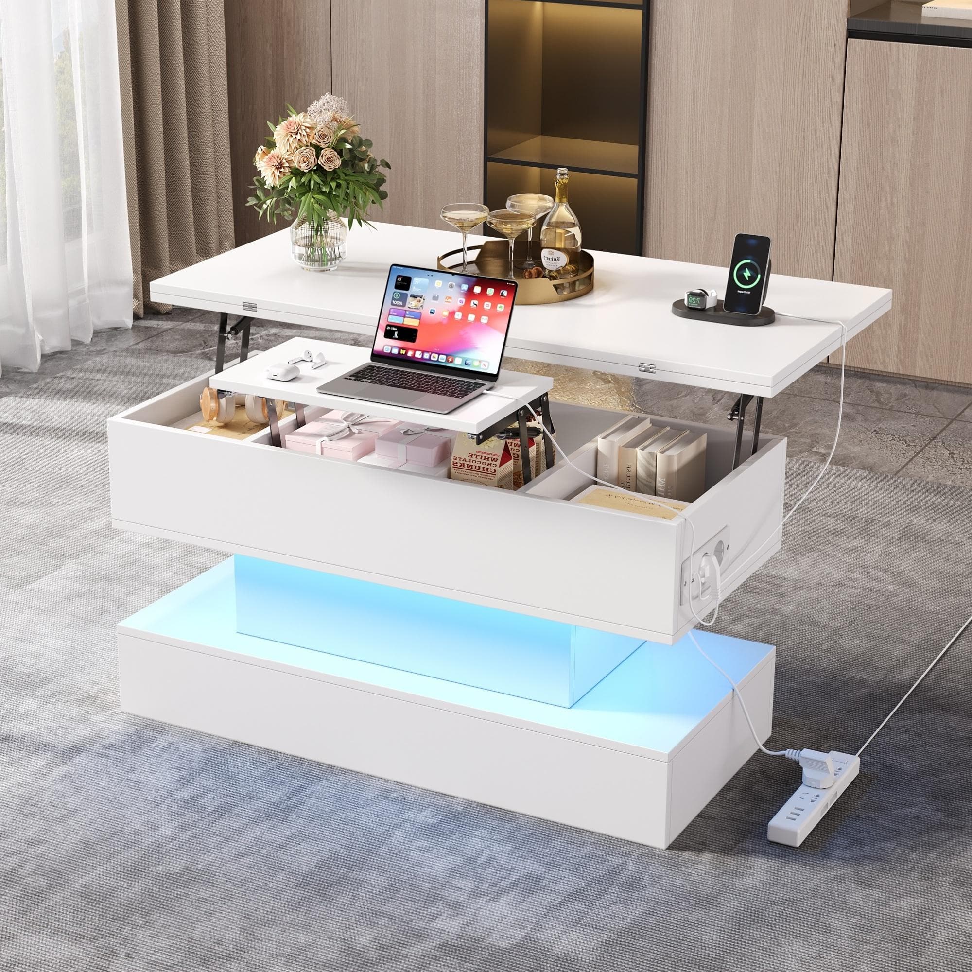 Multifunctional Coffee Table with Integral Power Outlet, Modern Center Table with App-Controlled LED Light, 100L x 50W x 51.5H cm, White | Aosom UK