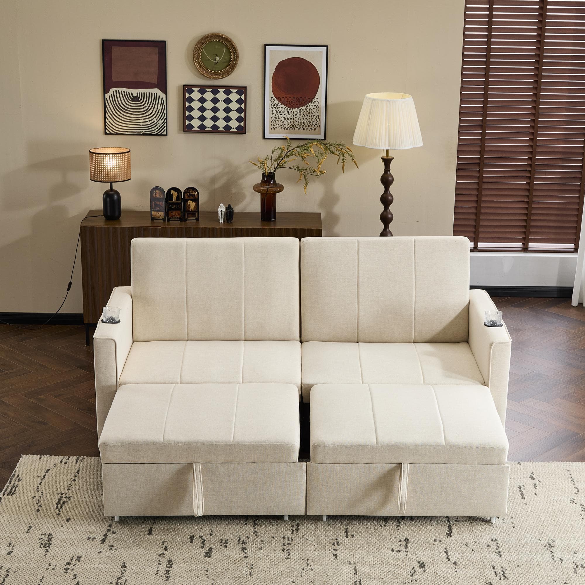 King-Size Pull-Out Sofa Bed with 3-in-1 Convertible 2-Seater, Independent Convertible Couch with Solid Frame, 207L x 87W x 96H cm, Beige | Aosom UK