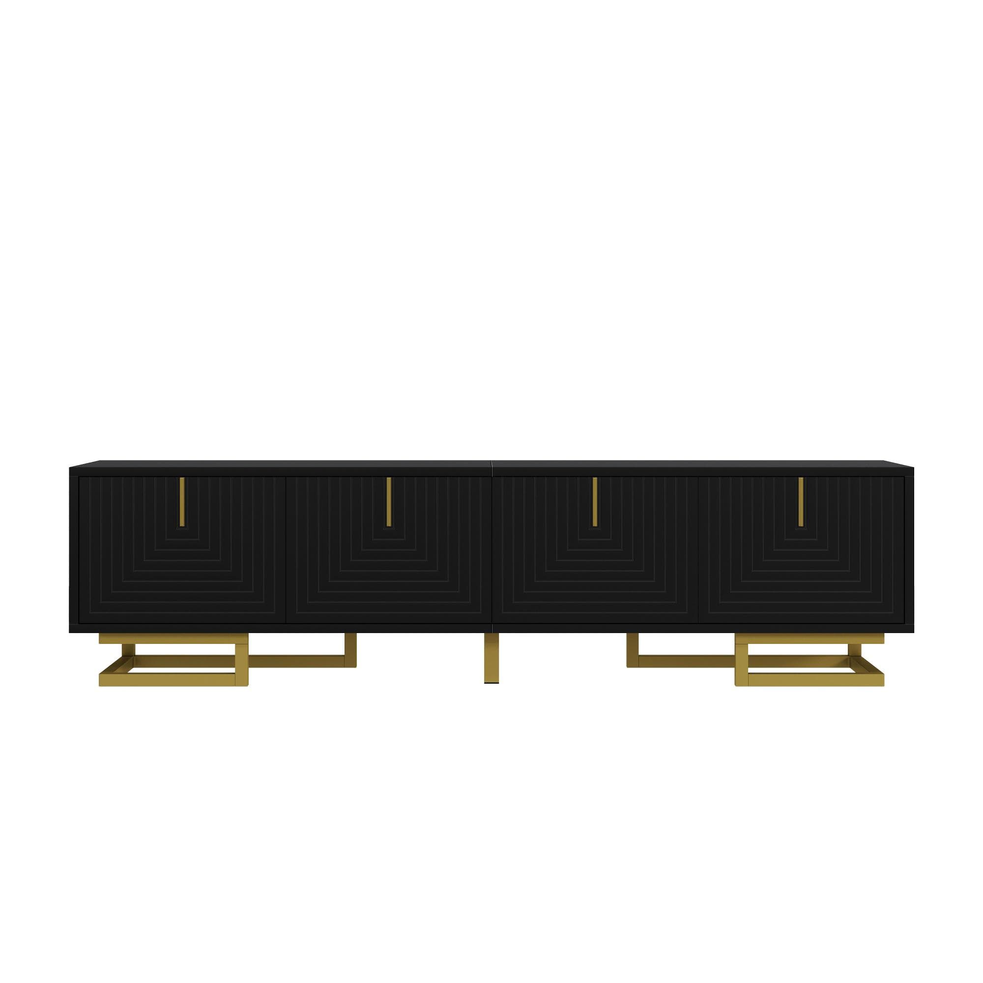 Stylish TV Cabinet with Textured Doors Metallic Handles, Elegant TV Stand with Integrated Shelves, 160L x 38W x 44.5H cm, Black | Aosom UK
