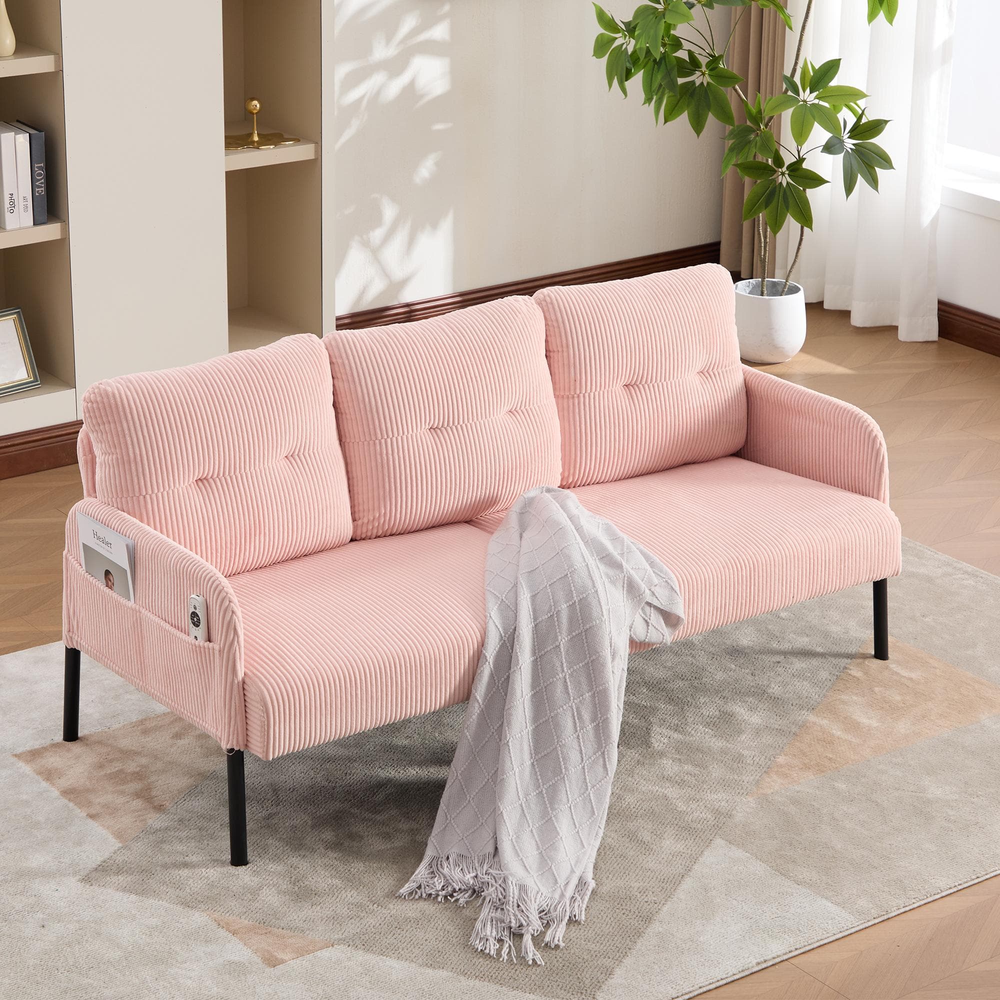 Oversized Two-Seater Corduroy Sofa with Ergonomic Curves, Comfortable Loveseat with Dual Side Storage Pockets, 171L x 72W x 80H cm, Pink | Aosom UK