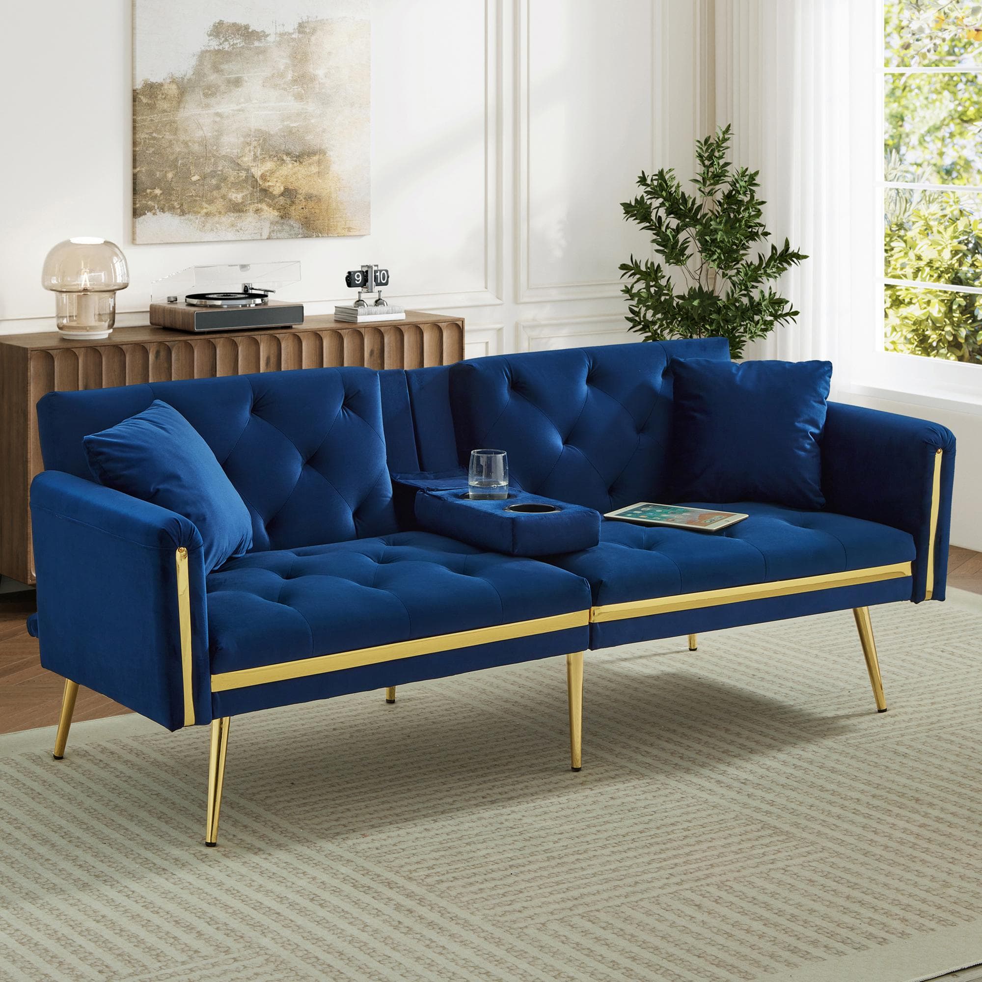 Two-Seater Convertible Sofa Bed with  Adjustable Backrest, Space-Saving Sleeper Sofa with High-Density Foam, 174L x 76W x 71.5H cm, Blue | Aosom UK