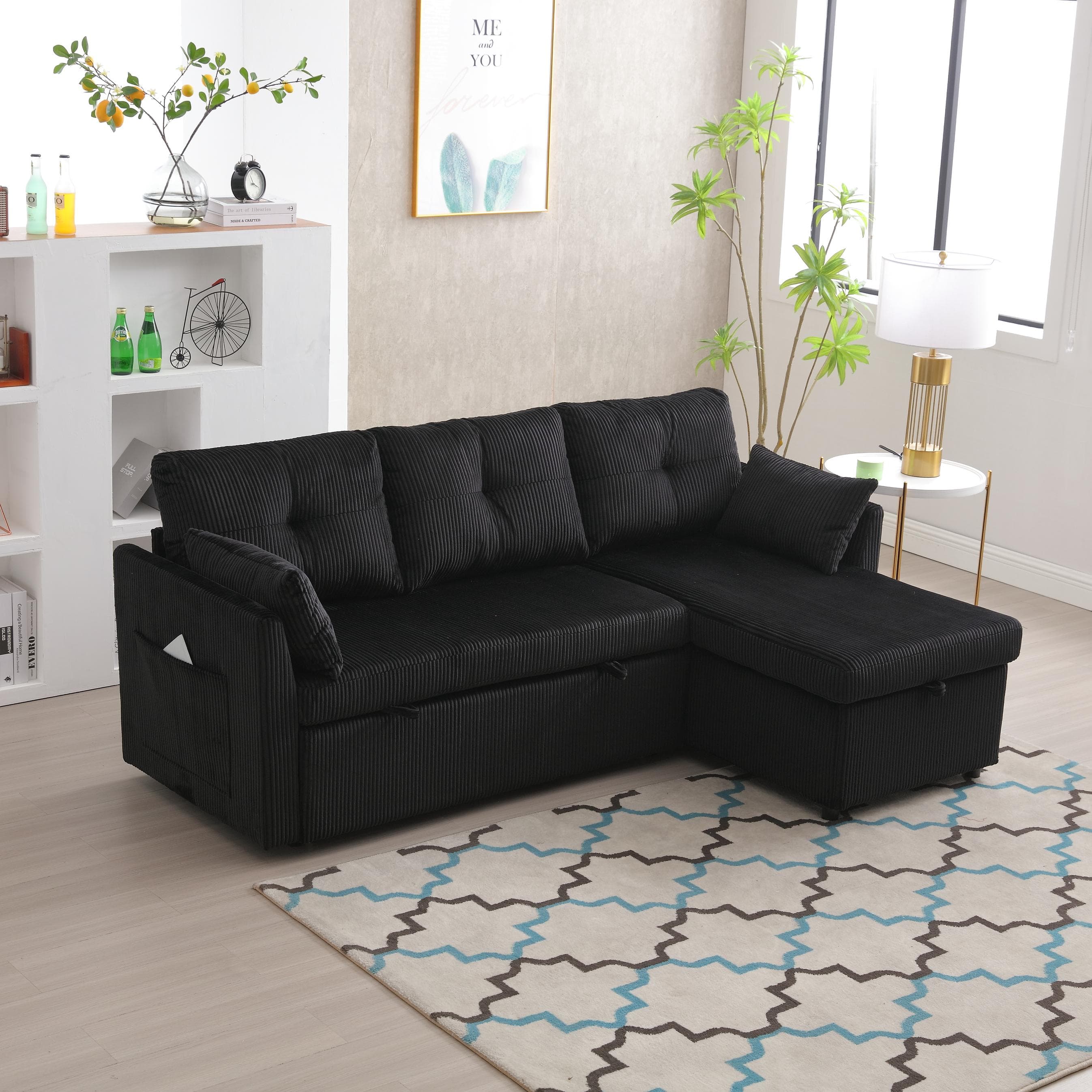 Stylish Sectional Sleeper Sofa with Reversible Storage Chaise, 3-In-1 L-Shaped Sofa with Corduroy Upholstery, 206L x 130W x 88H cm, Black | Aosom UK