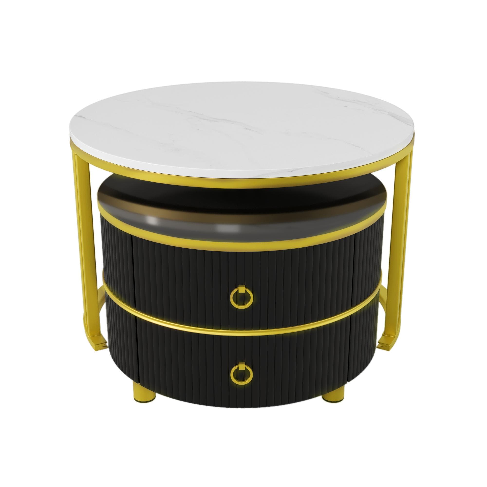 2-In-1 Round Coffee Table Set with High-Gloss Tops, Space-Saving Center Table Set with 2 Drawers, 70L x 70W x 46H cm, White+Black | Aosom UK