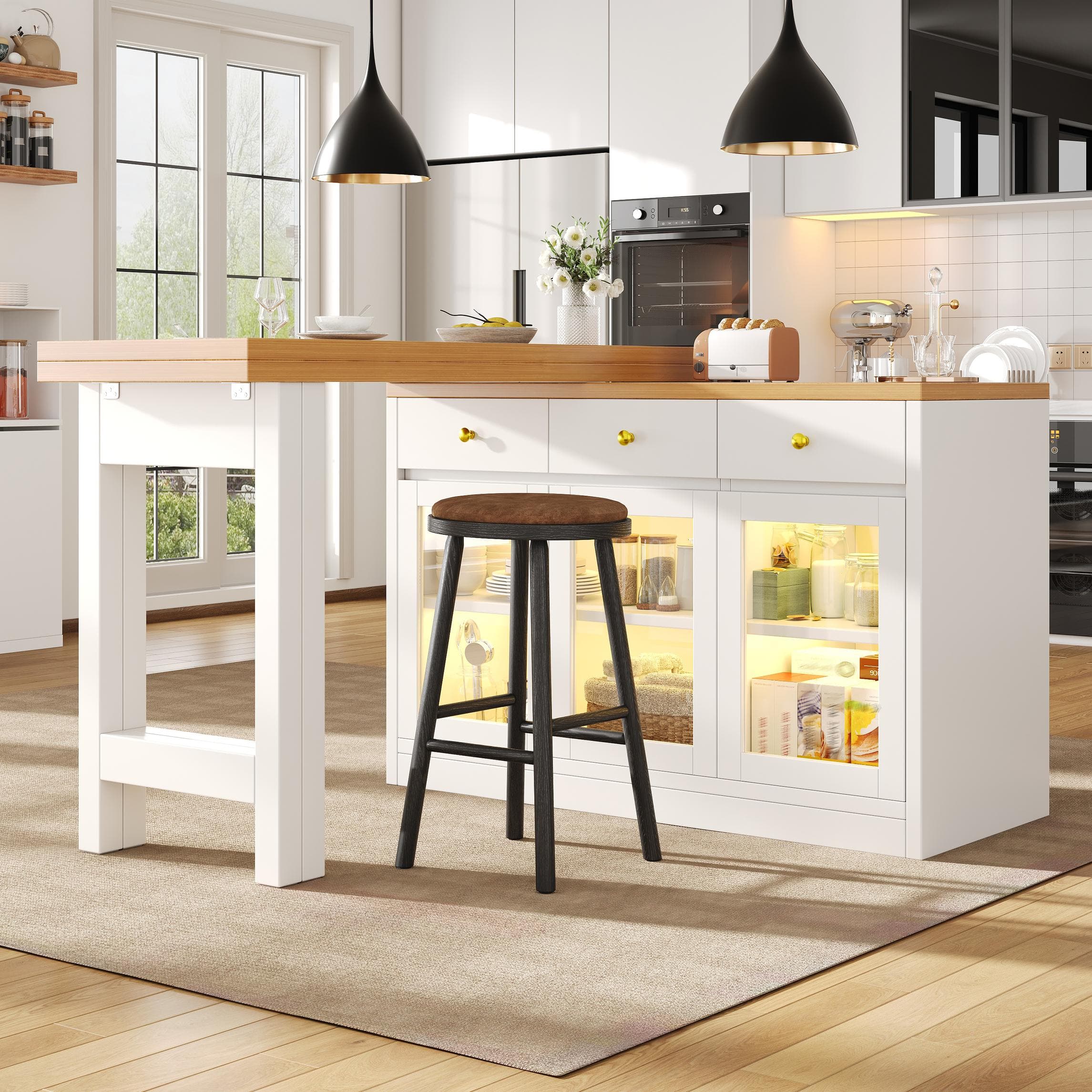 Extendable Kitchen Island with Multicolour RGB LED Lighting, Modern Dining Table with 3 Deep Drawers, 120L x 40W x 75.5H cm, White | Aosom UK