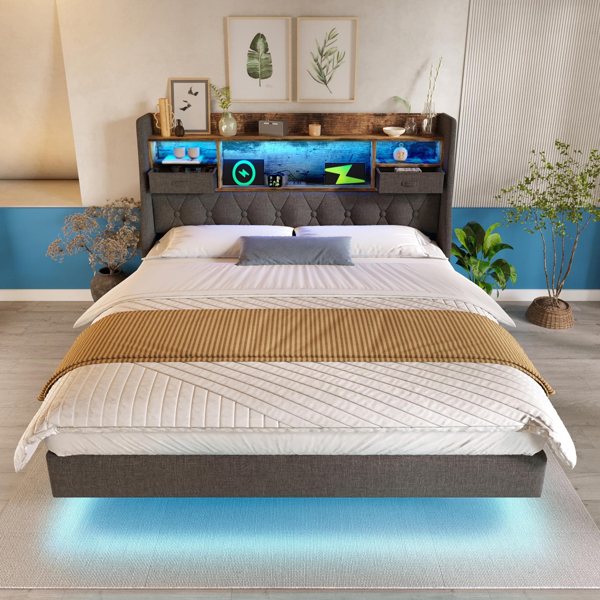 Upholstered Double Floating Bed with LED Mood Lighting, Low-Profile Floating Bed Frame with Storage Headboard, 202L x 142W x 114H cm, Grey | Aosom UK