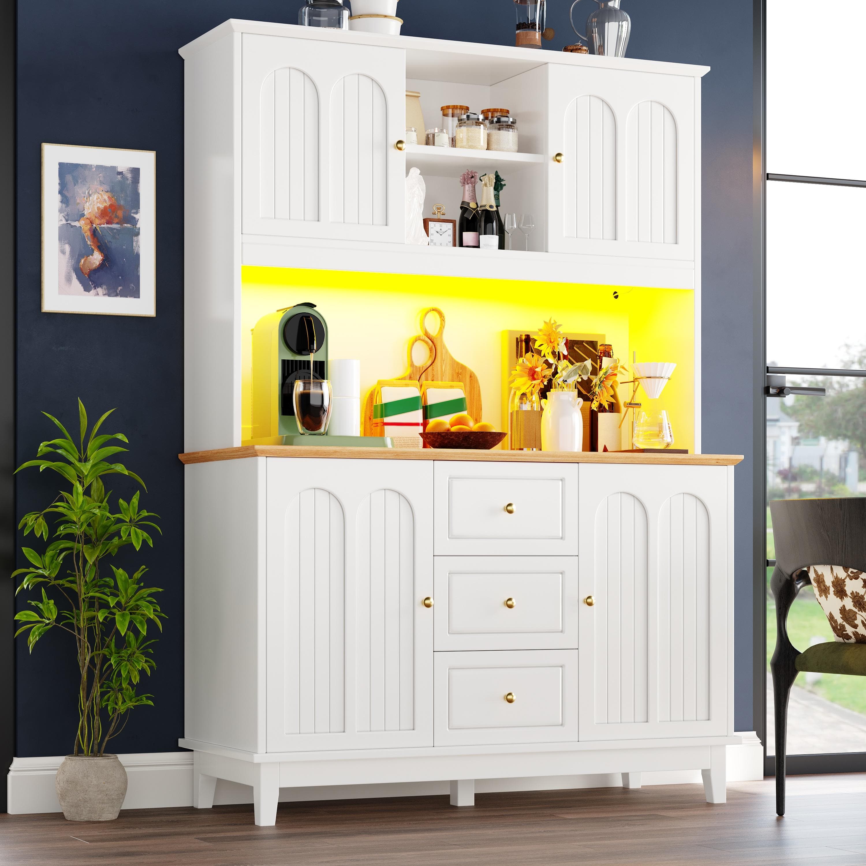 Smart Pantry Cabinet with App-Controlled LED Lights, Modern Kitchen Pantry with Spacious 3-Drawer Storage, 120L x 40W x 180H cm, White | Aosom UK