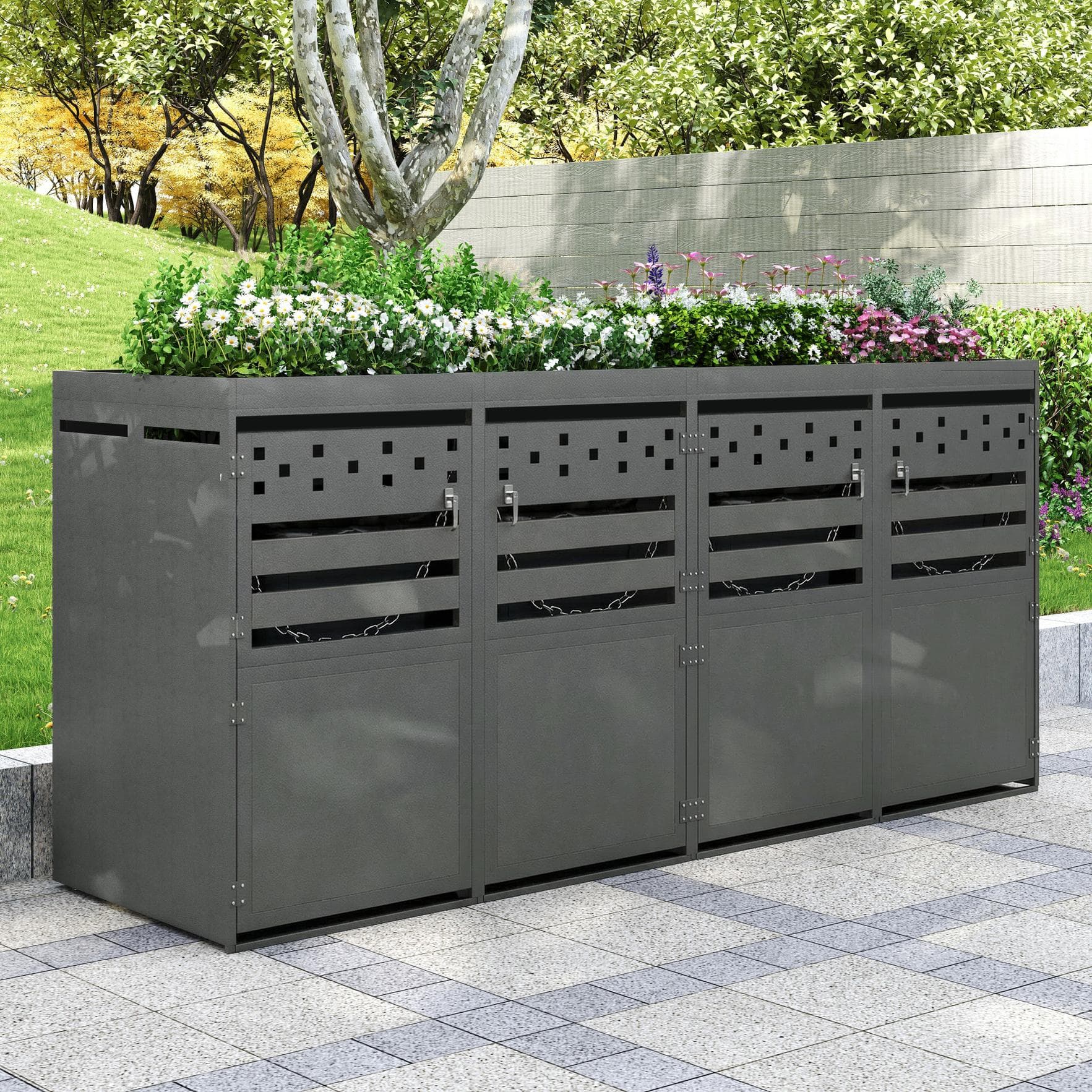 Anthracite Bin Storage Unit with Planter Roof and Rear Drainage, Sleek Trash Can Shed with Ventilation Slots, 264L x 80W x 125H cm, Grey | Aosom UK