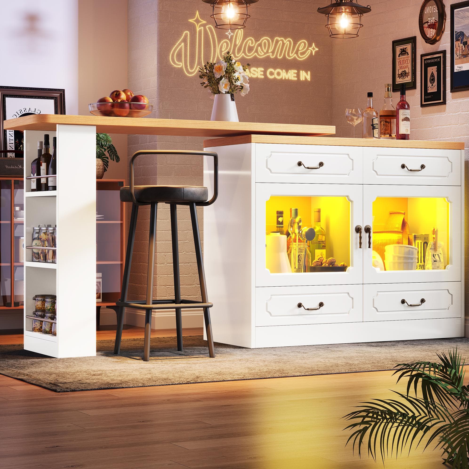 360° Rotating Kitchen Island with App-Controlled LED Lights and Music Sync, Extendable Bar Table with 4 Drawers, 135L x 39W x 93H cm, White | Aosom UK