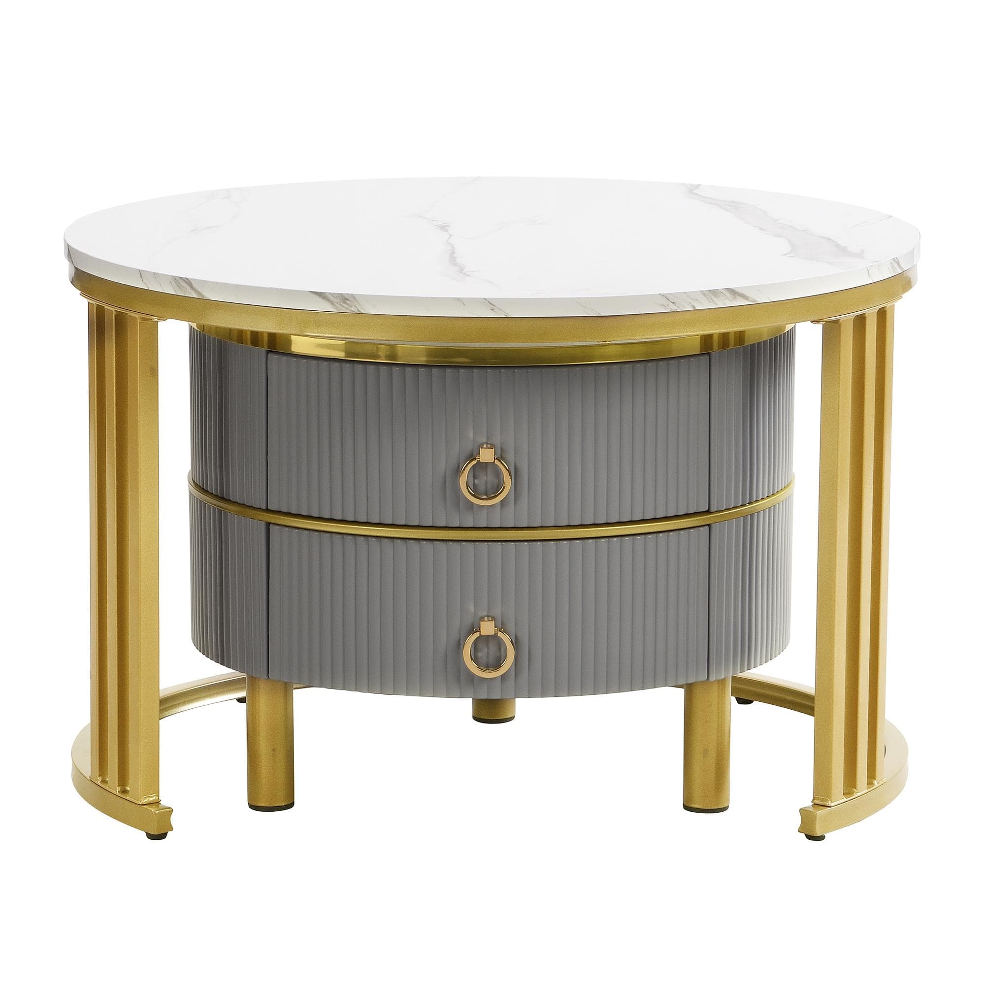 2-In-1 Round Coffee Table Set with High-Gloss Tops, Space-Saving Center Table Set with 2 Drawers, 70L x 70W x 46H cm, White+Gray | Aosom UK