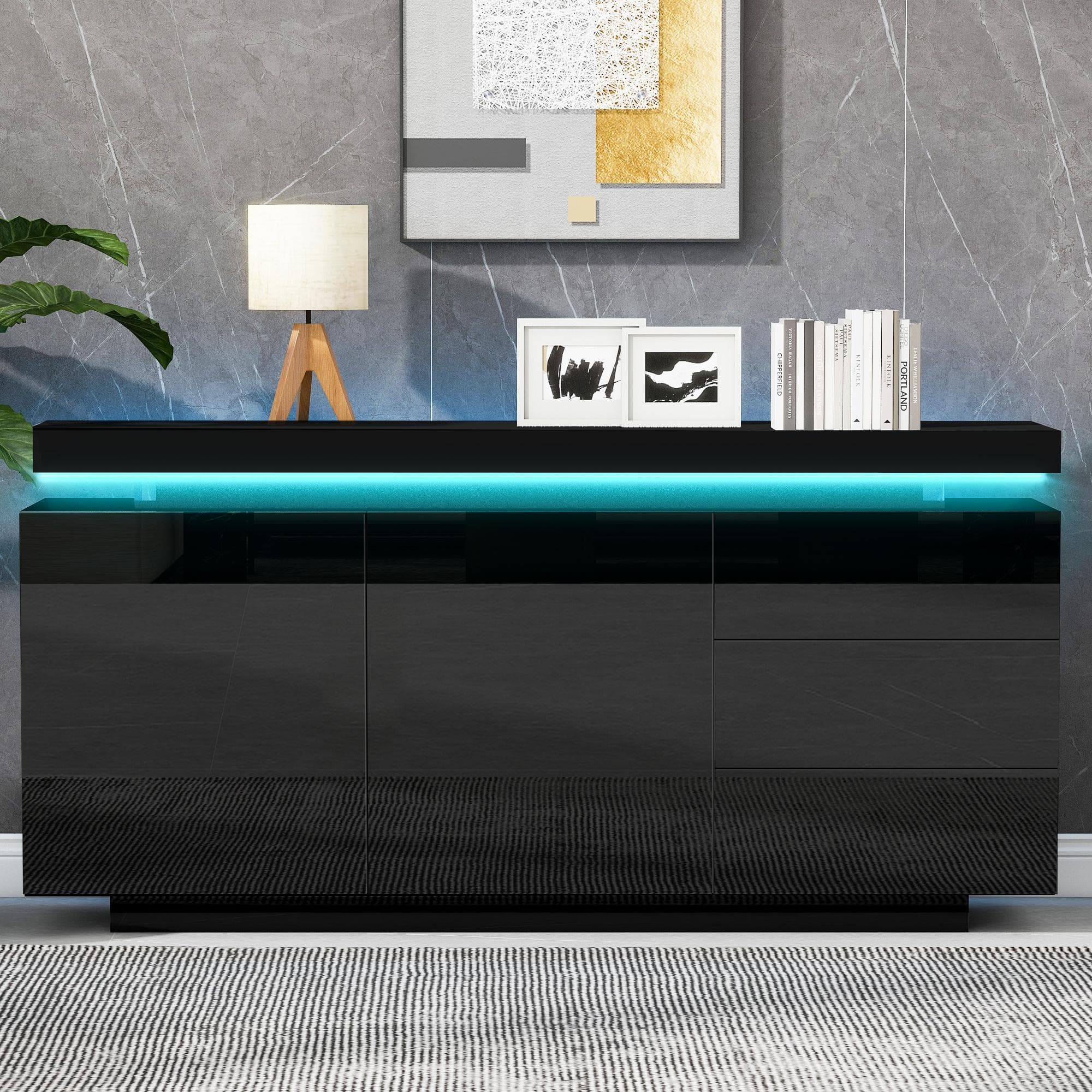 High Gloss Sideboard with LED Lights and Noiseless Hydraulic Hinges, Modern Storage Cabinet with 2 doors, 140L x 35W x 72.5H cm, Black | Aosom UK