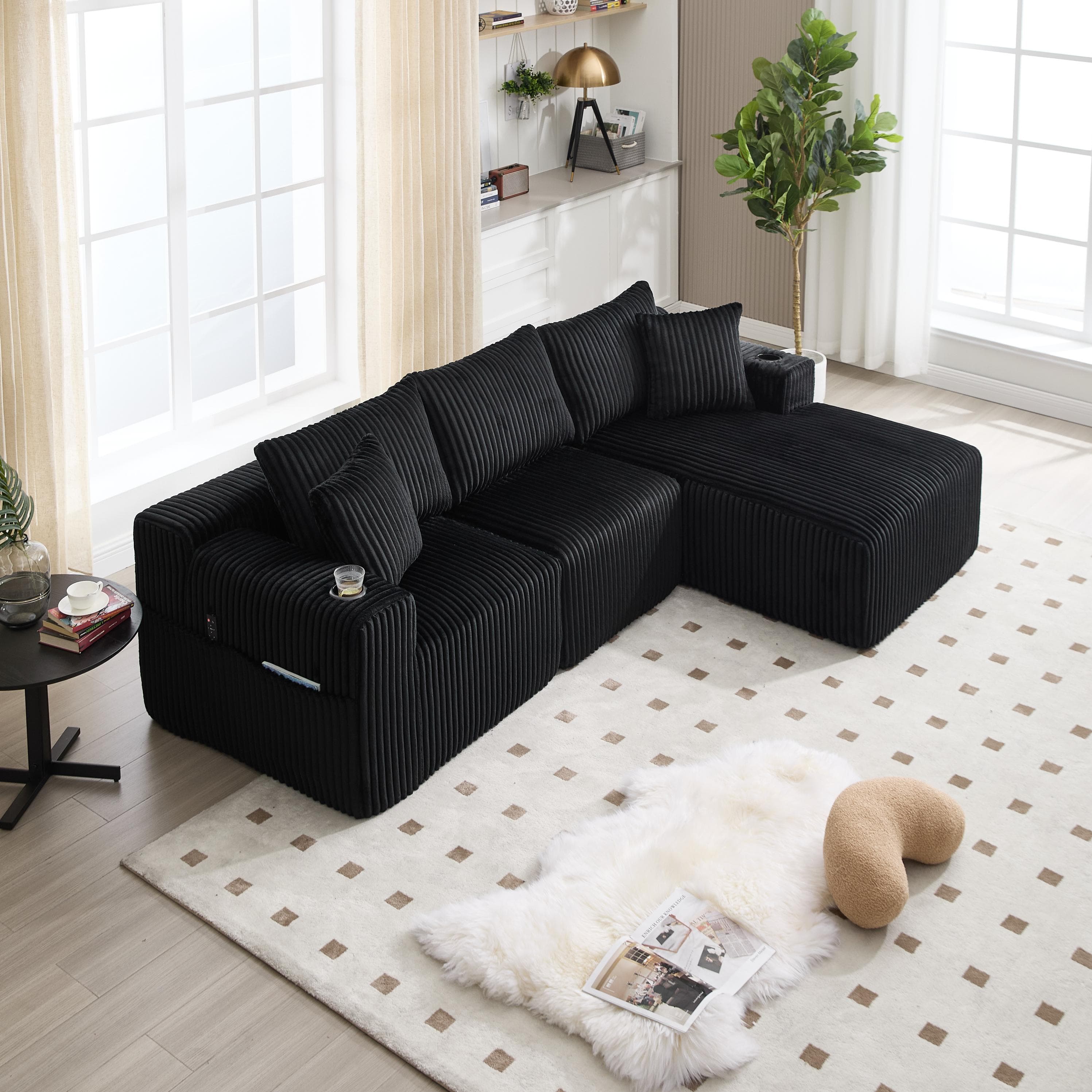 Modular L-Shaped Sectional Sofa with Deep Seat, Plush Corduroy Boneless Couch for Living Room, 257L x 160W x 80H cm, Black | Aosom UK
