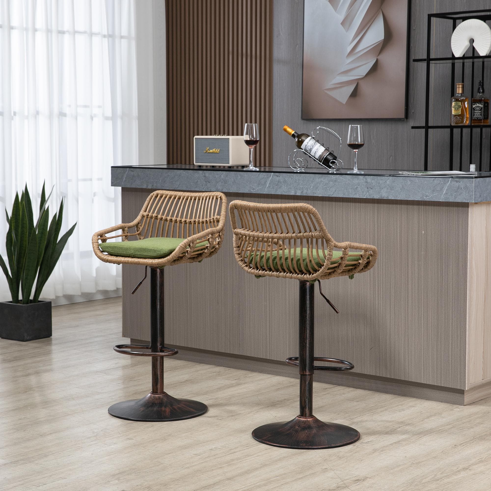 Set of 2 Swivel Bar Stools with Padded Linen Seat, Height-Adjustable Counter Chairs with Metal Disc Base, 48L x 49W x 109H cm, Green | Aosom UK