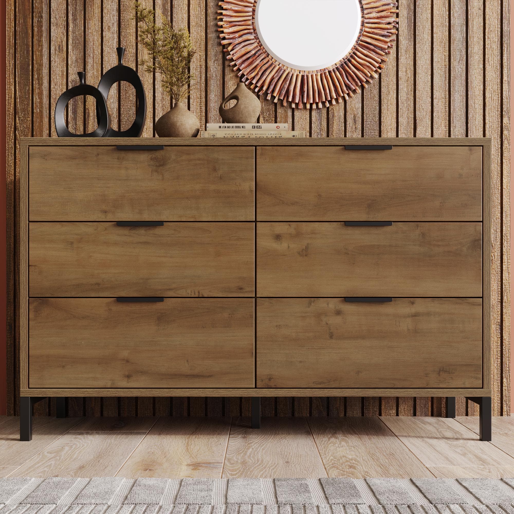 Dark Oak Sideboard with 6 Drawers and Industrial Metal Frame, Industrial Rustic Cabinet with Adjustable Feet, 120L x 40W x 76H cm, Dark Oak | Aosom UK