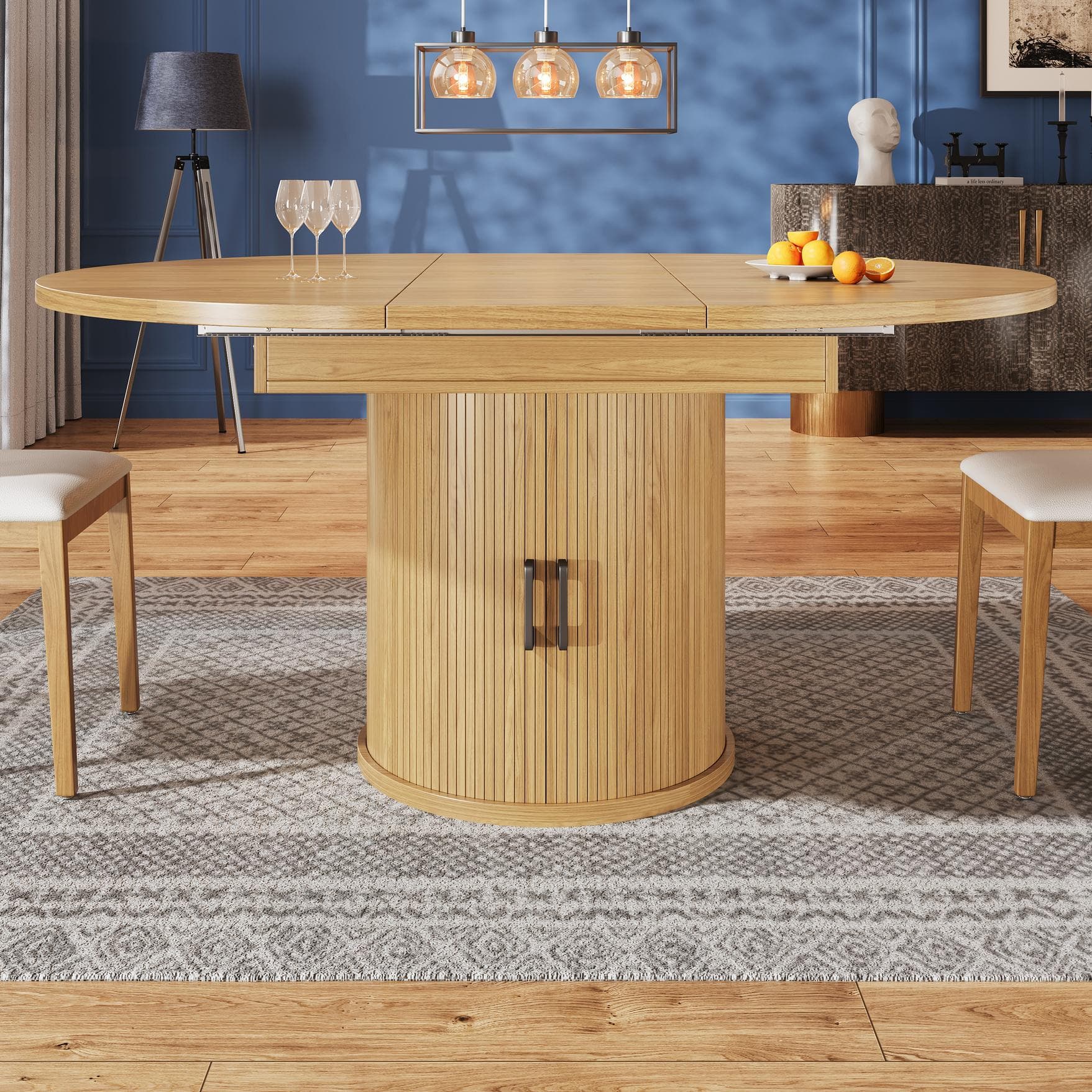 Extendable Round Dining Table with Hidden Leaf Storage, Extension Kitchen Table with Wood-Grain Finish, 118L x 118W x 76H cm, Natural | Aosom UK