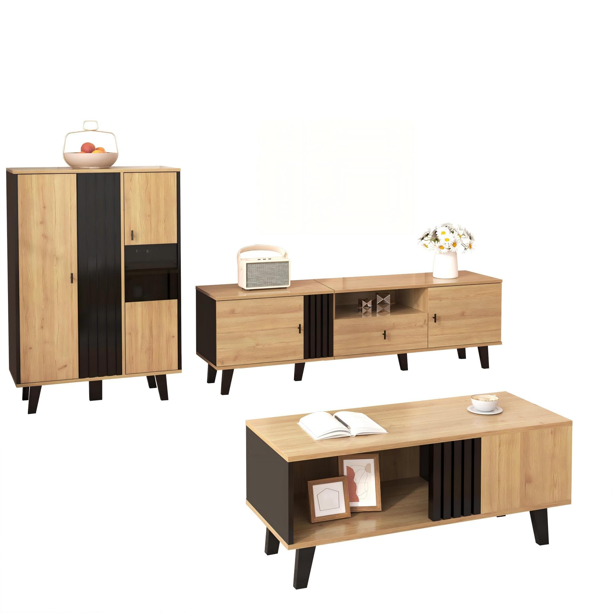 3-Piece Living Room Furniture Set with An Open Shelf, Solid Living Room Set with Practical Storage, 170L x 40W x 50.5H cm, Black+Wood | Aosom UK