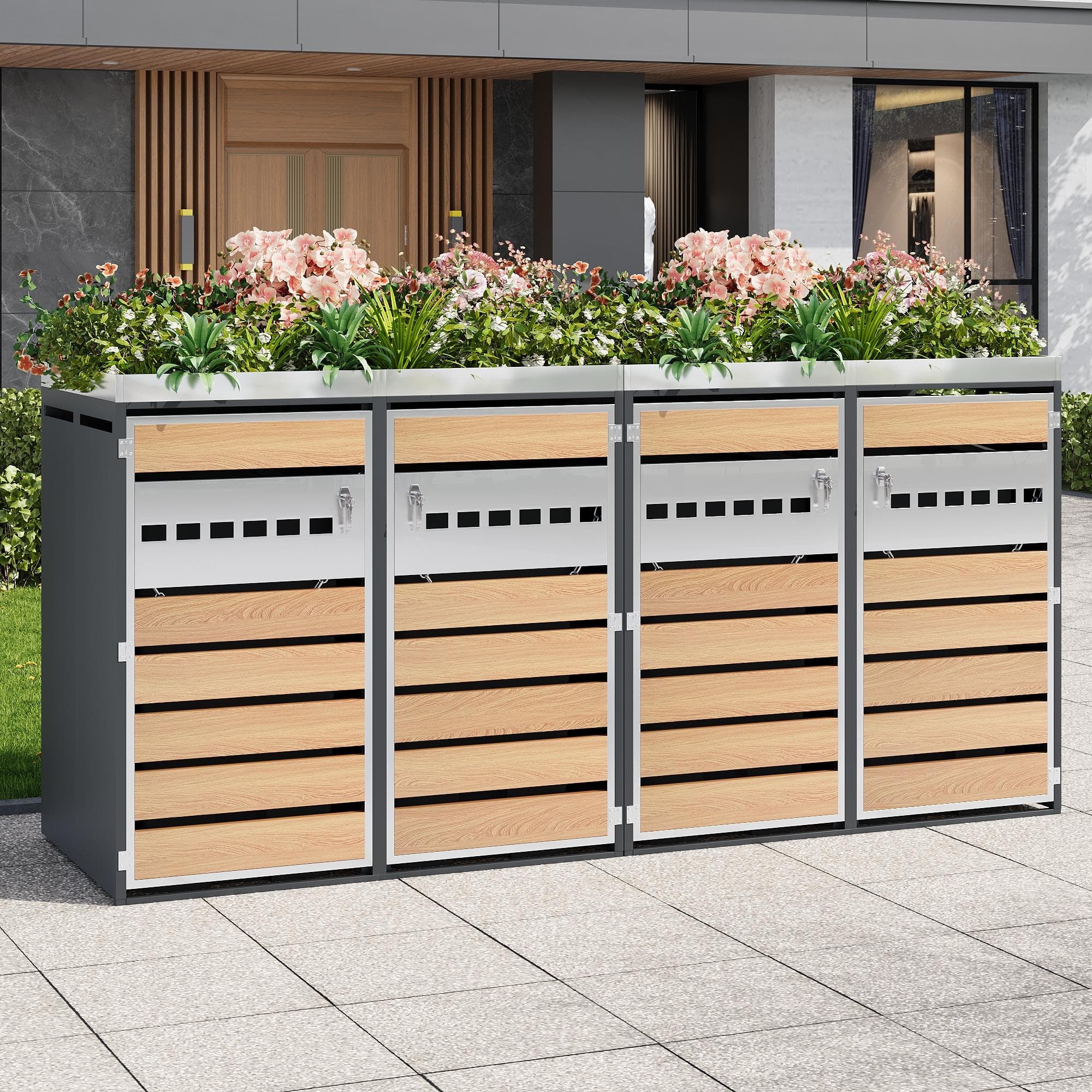 4-Compartment Outdoor Bin Enclosure with Integrated Planter, Planter-Top Bin Storage with Lockable Doors, 264L x 80W x 124.5H cm, Grey+Wood | Aosom UK