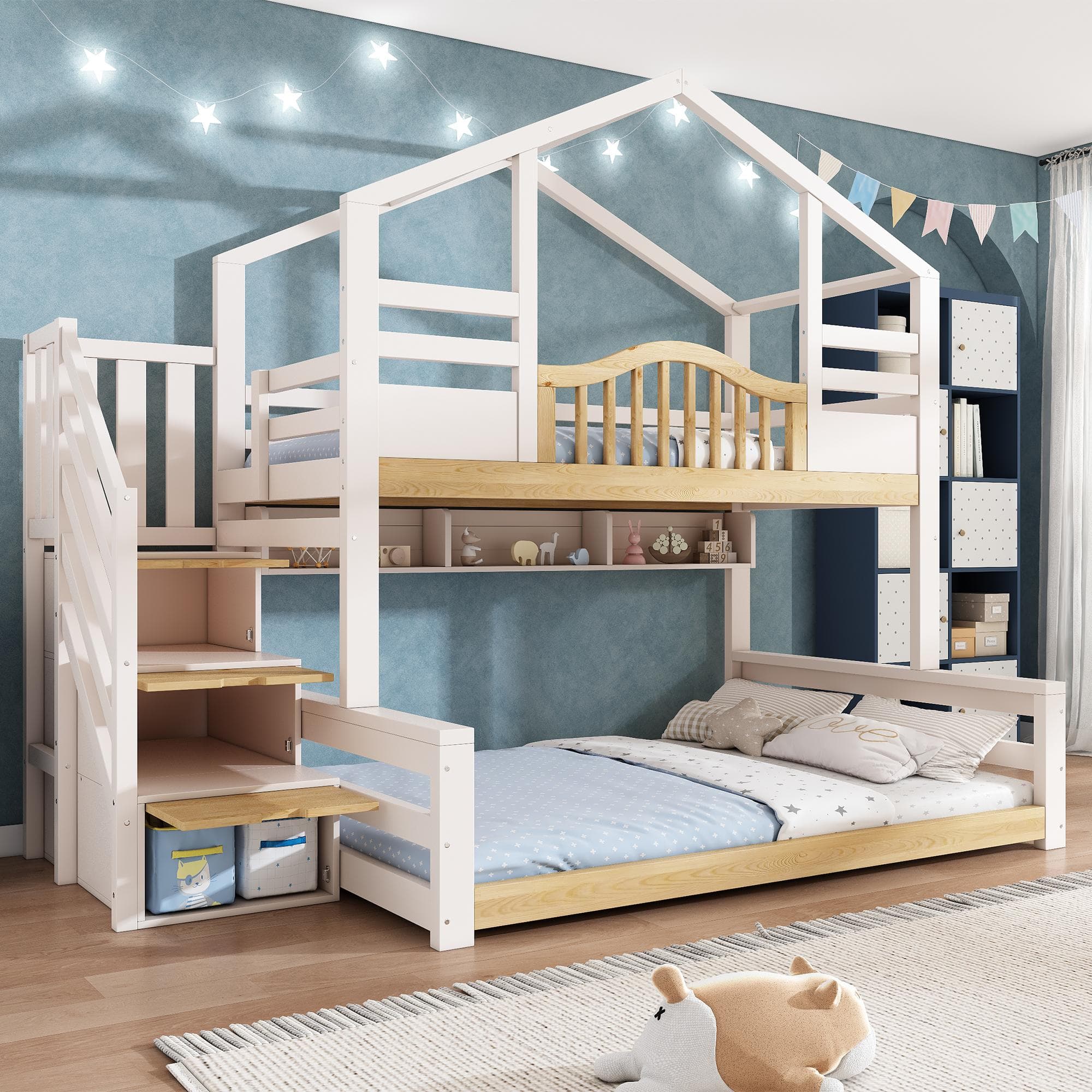 House-Shaped Bunk Bed with Staircase Storage, Space-Saving Kids Bed with Integrated Shelves, 244L x 140W x 206H cm, White+Natural | Aosom UK