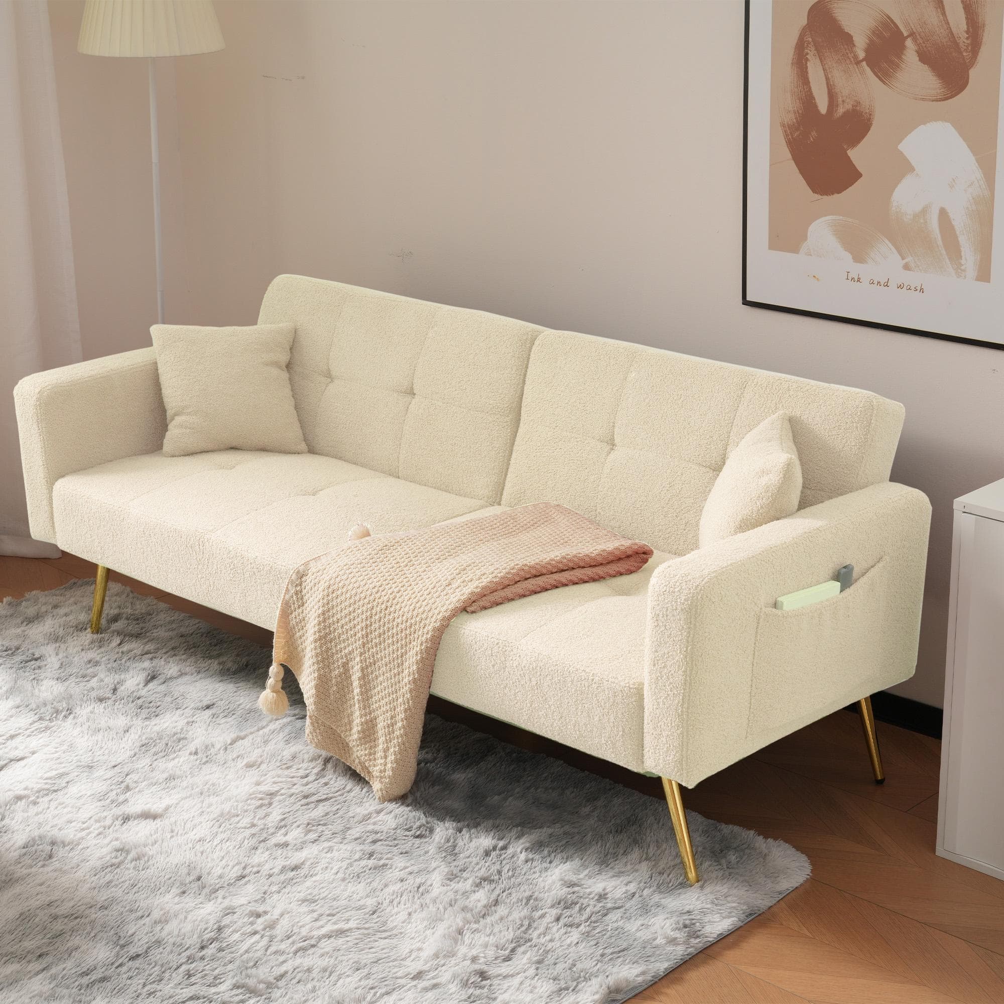 Convertible Sofa Bed with 3‑Position Adjustable Backrest, Comfortable Daybed with High‑Density Foam Seat, 176L x 64W x 75H cm, Beige | Aosom UK