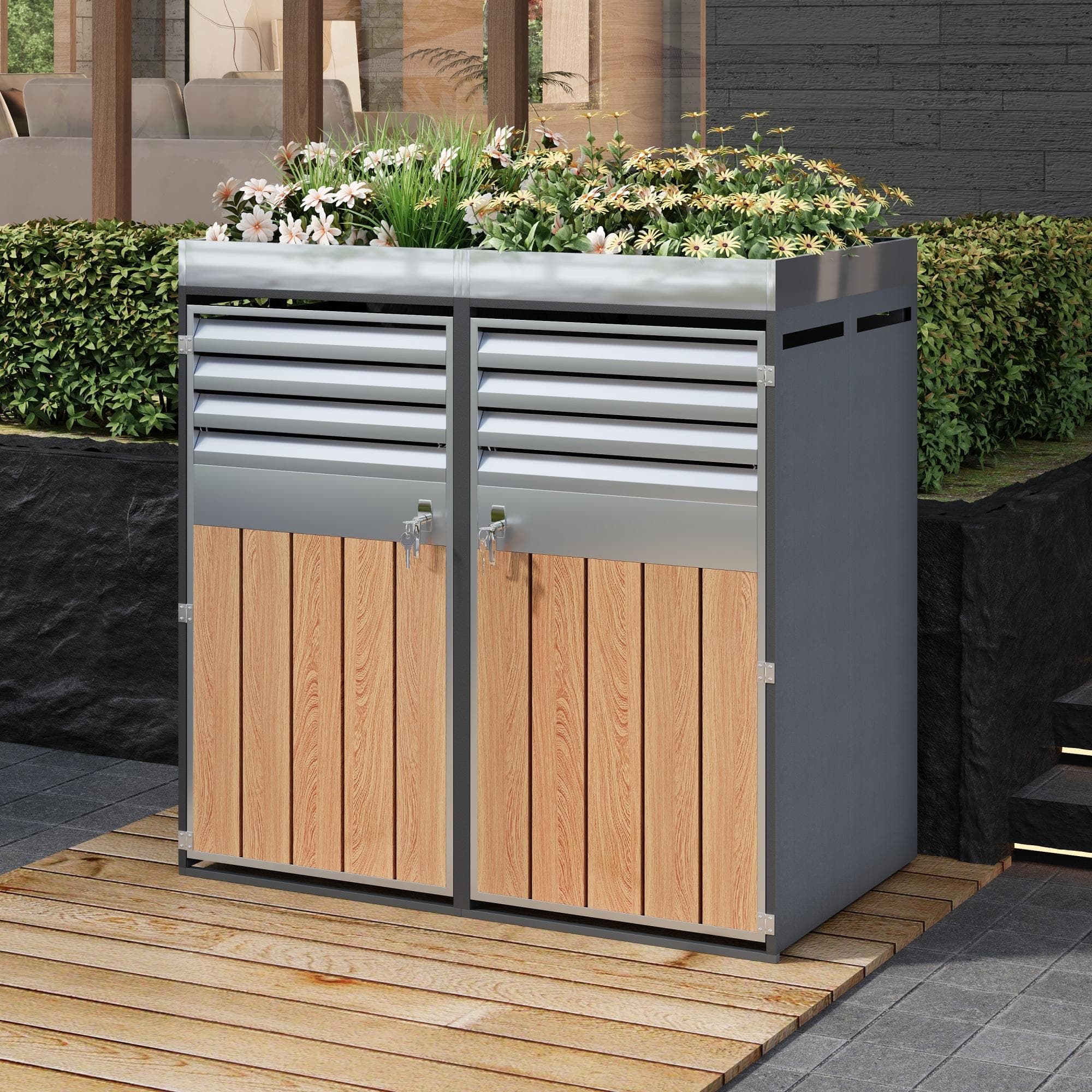 Pratical Bin Storage Unit with Built-In Planter, Double Bin Storage Shed with Galvanised Steel Frame, 132L x 80W x 124.5H cm, Grey+Wood | Aosom UK