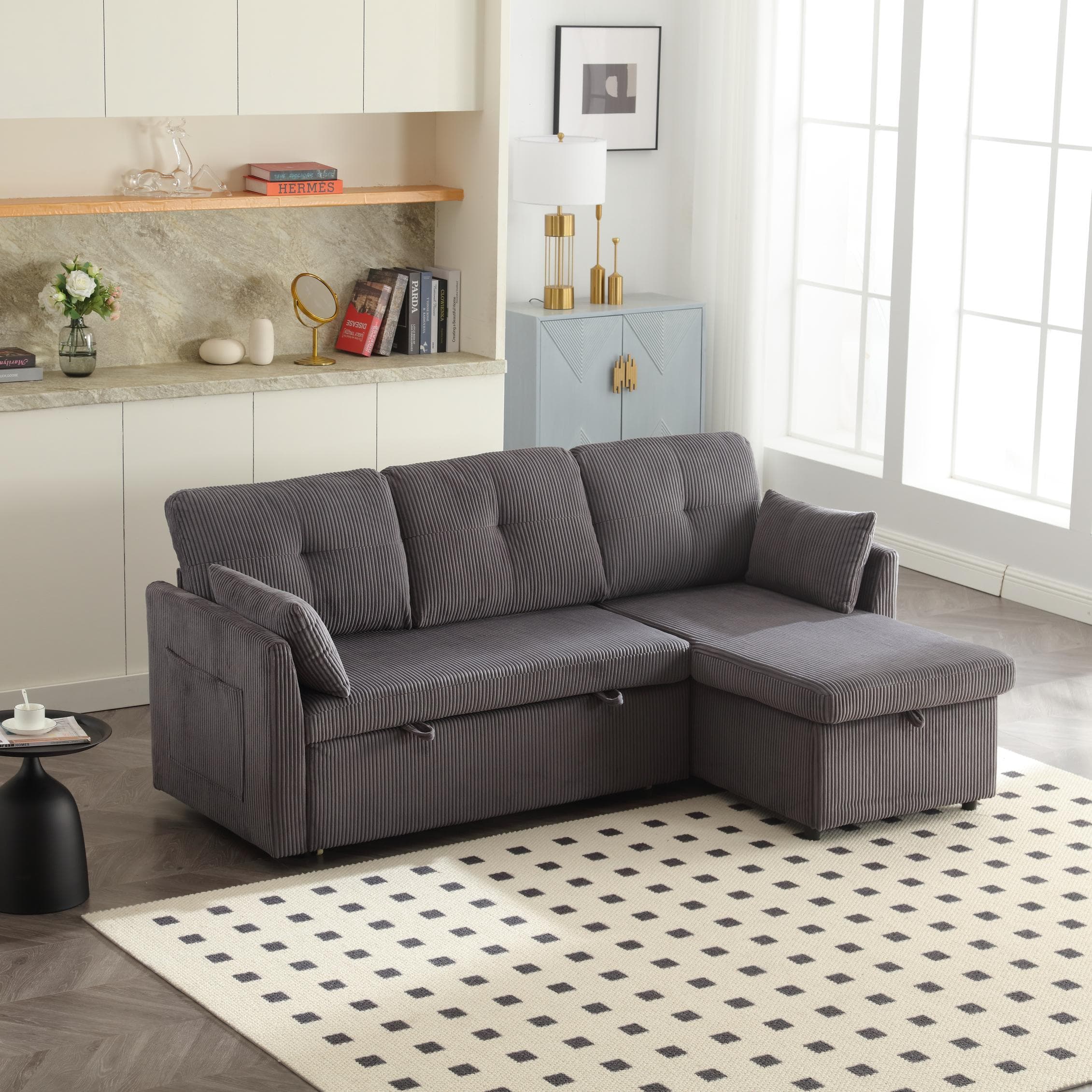 Stylish Sectional Sleeper Sofa with Storage Chaise, 3-In-1 L-Shaped Sofa with Corduroy Upholstery, 206L x 130W x 88H cm, Charcoal Grey | Aosom UK