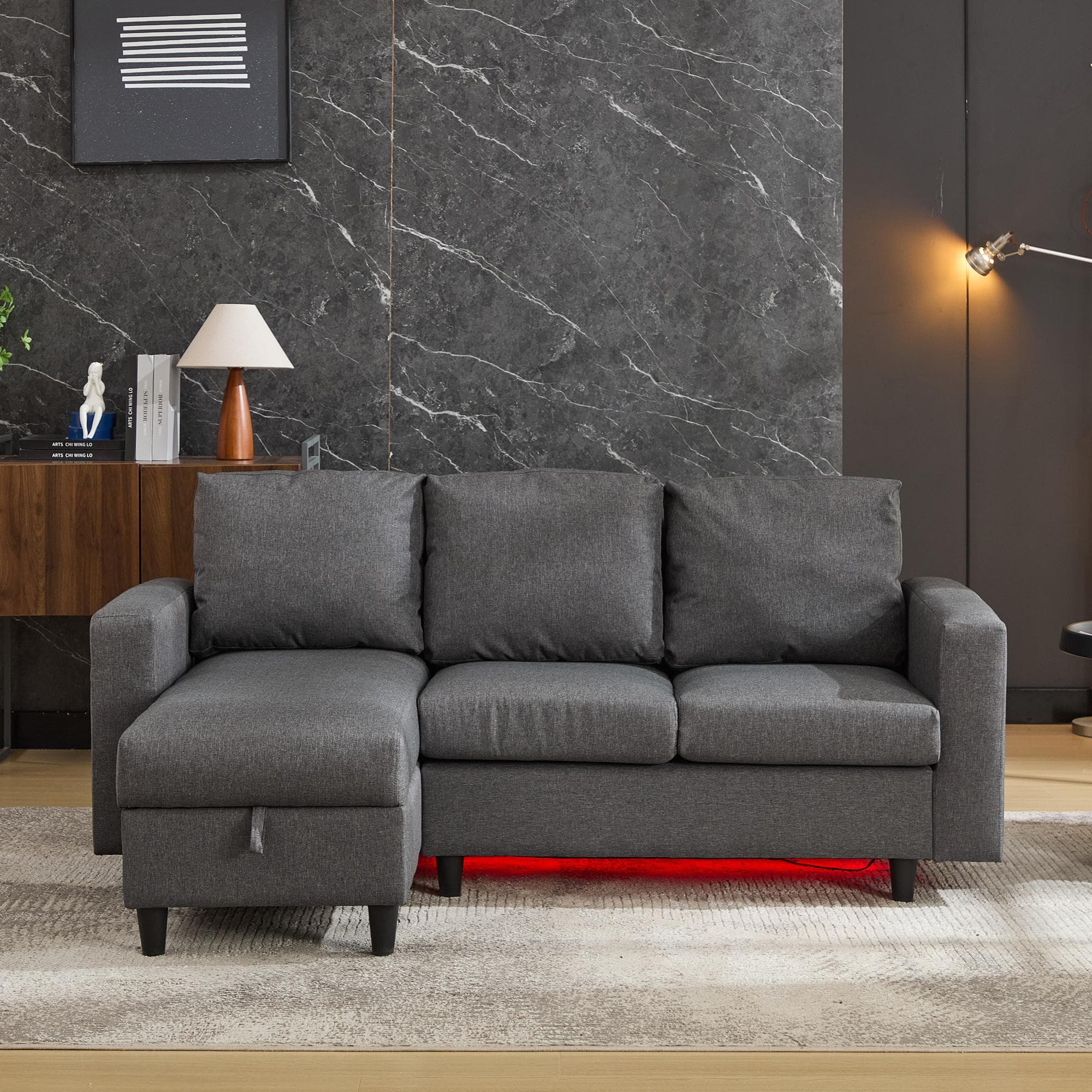 L-Shaped Corner Sofa with Hidden Storage and Side Pockets, Reversible Sectional Couch with Sturdy Wooden Frame, 180L x 120W x 72H cm, Gray | Aosom UK