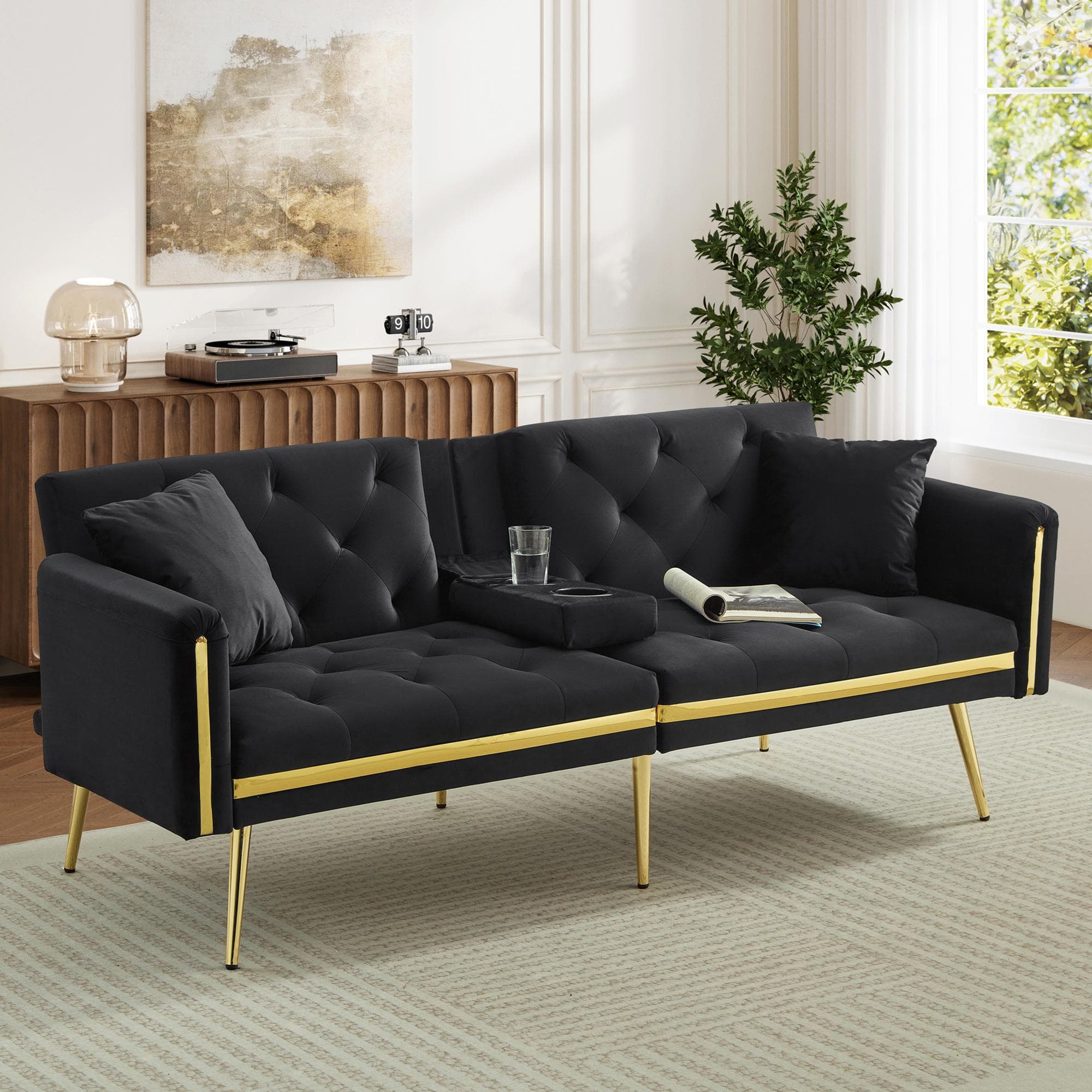 Two-Seater Convertible Sofa Bed with  Adjustable Backrest, Space-Saving Sleeper Sofa with High-Density Foam, 174L x 76W x 71.5H cm, Black | Aosom UK