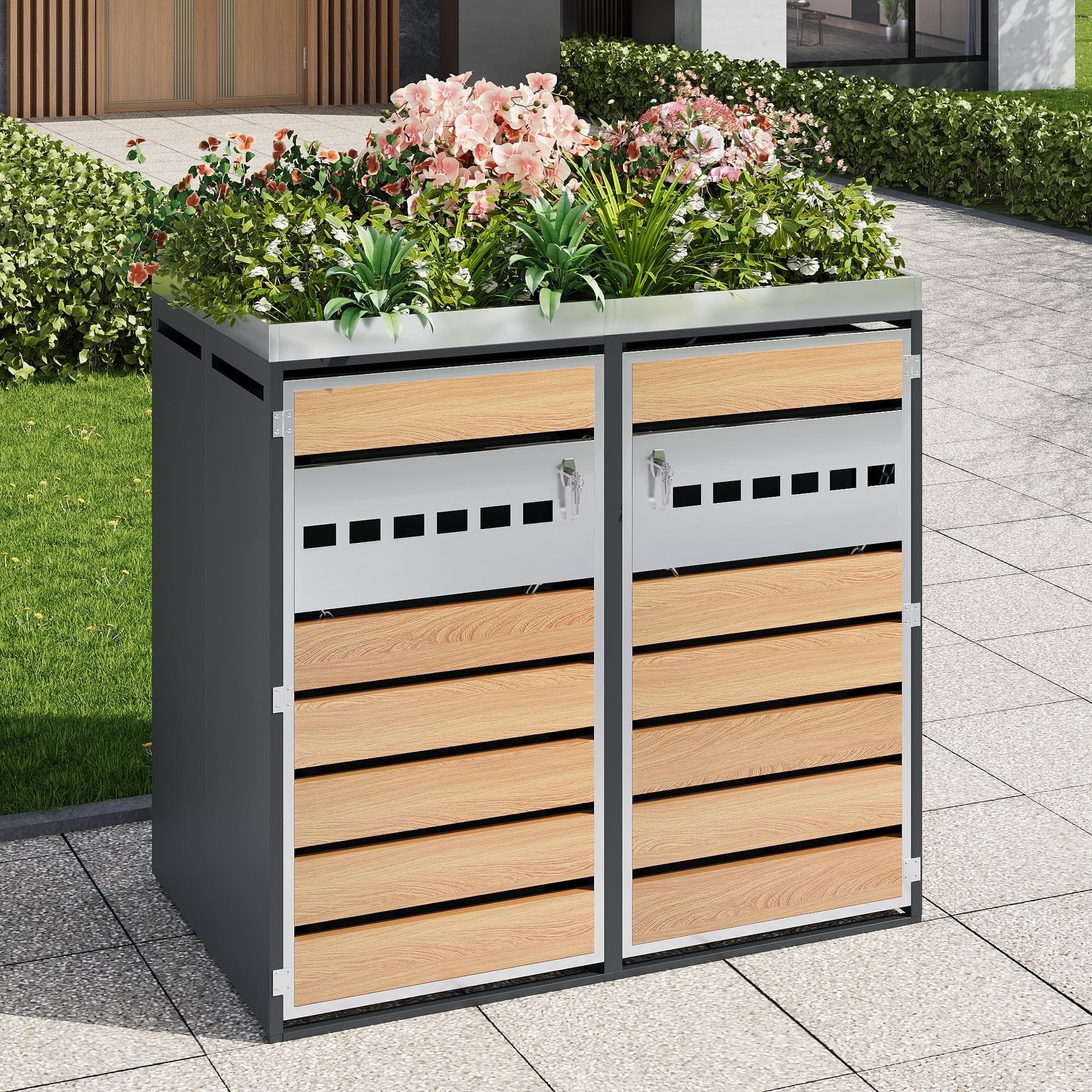 Lockable Outdoor Bin Storage Cabinet with Integrated Planter, Double Bin Storage Shed with Steel Frame, 132L x 80W x 124.5H cm, Grey+Wood | Aosom UK
