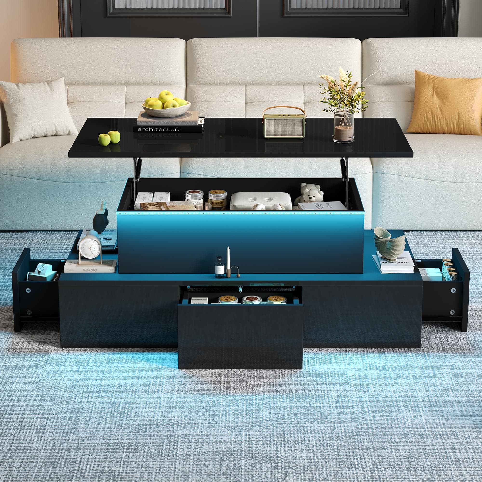 Lift-Top Coffee Table with 4 Drawers and Hidden Storage, Multi-Functional Center Table with Open Shelf, 100L x 50W x 40H cm, Black | Aosom UK