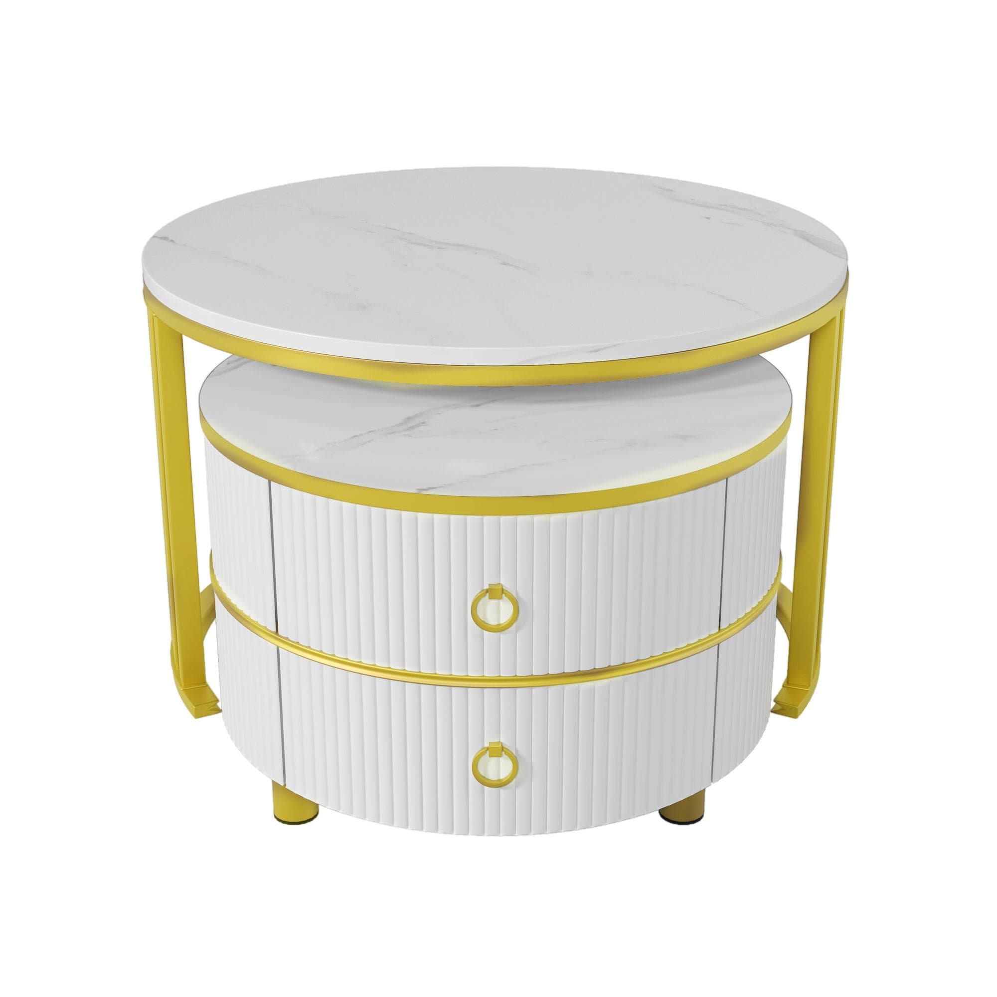 2-In-1 Round Coffee Table Set with High-Gloss Tops, Space-Saving Center Table Set with 2 Drawers, 70L x 70W x 46H cm, White | Aosom UK