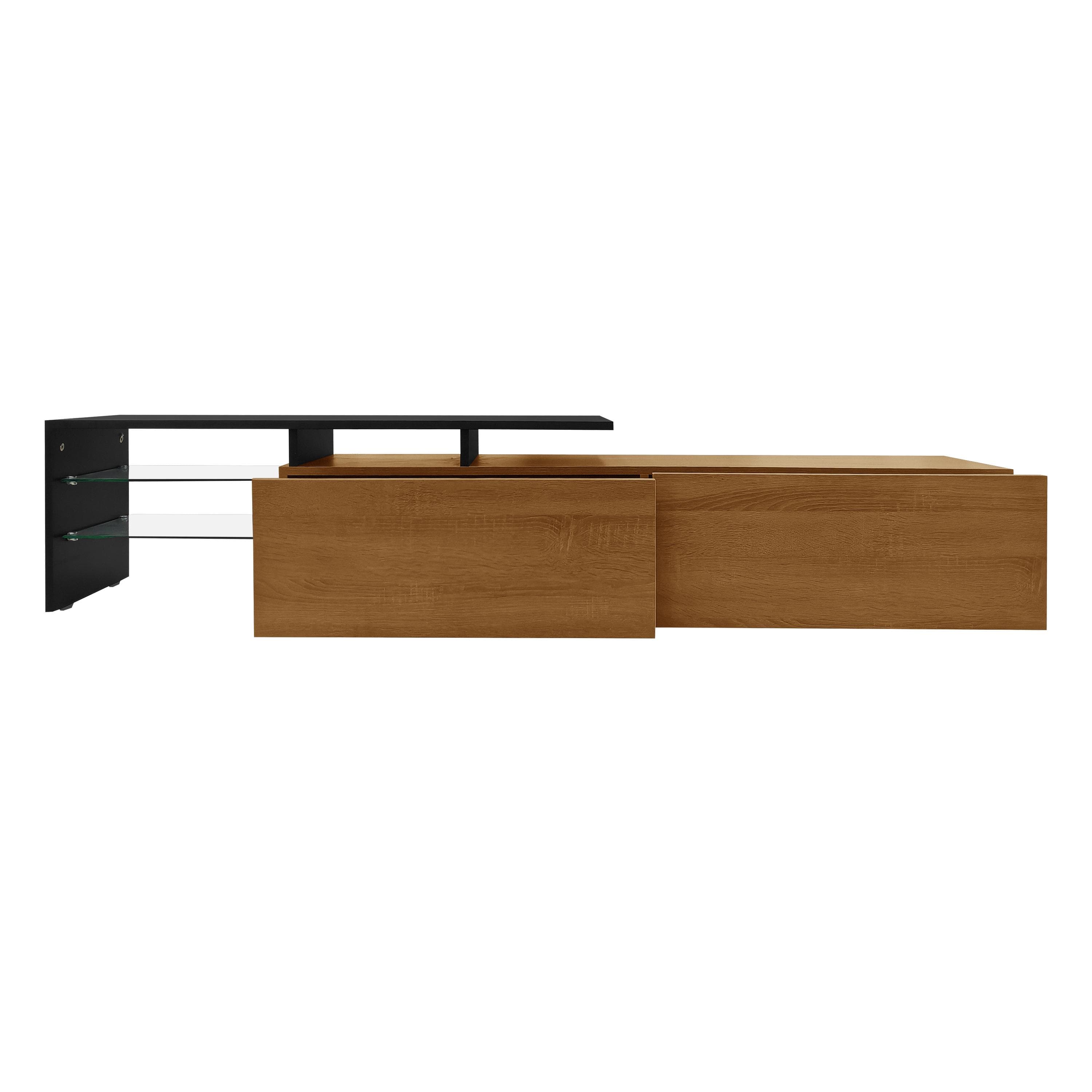 Modern TV Cabinet with Triple-Layer Glass Shelves, Low-Profile TV Stand with Smart Storage, 170L x 33W x 33.5H cm, Black+Natural+Wood | Aosom UK