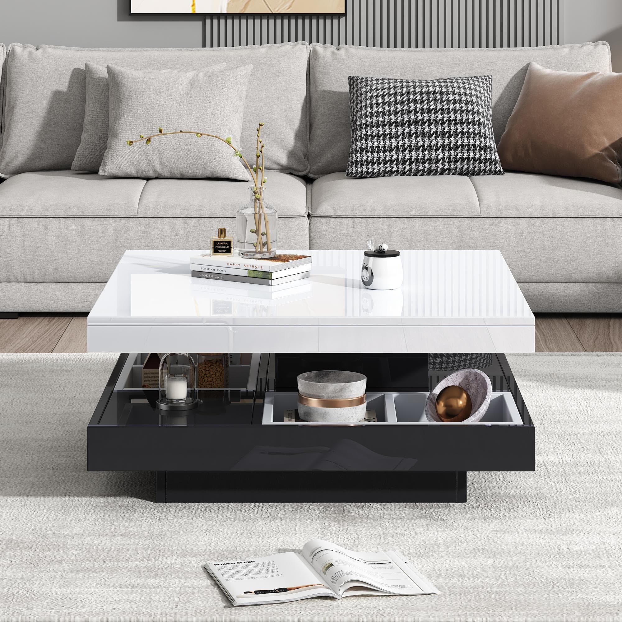 Contemporary Coffee Table with Large-Capacity Lower Shelf, 2-Tone Center Table with Recessed Compartments, 70L x 70W x 36H cm, Black | Aosom UK