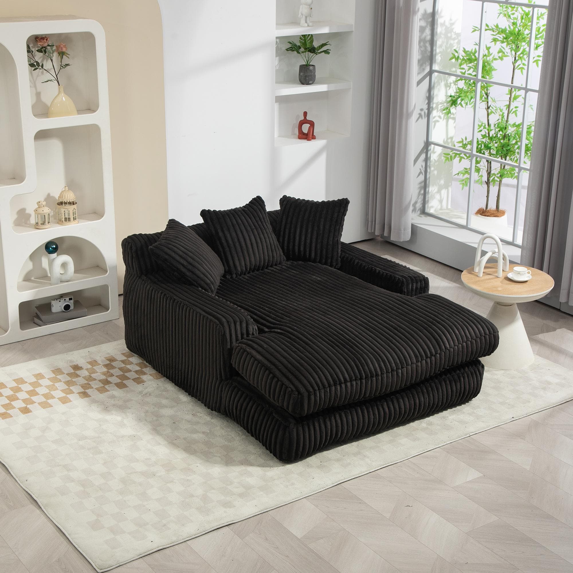 Modern Oversized Chaise Lounge Chair with Memory Foam Seat, Versatile Sofa Bed for Living Room or Bedroom, 155L x 125W x 63H cm, Black | Aosom UK