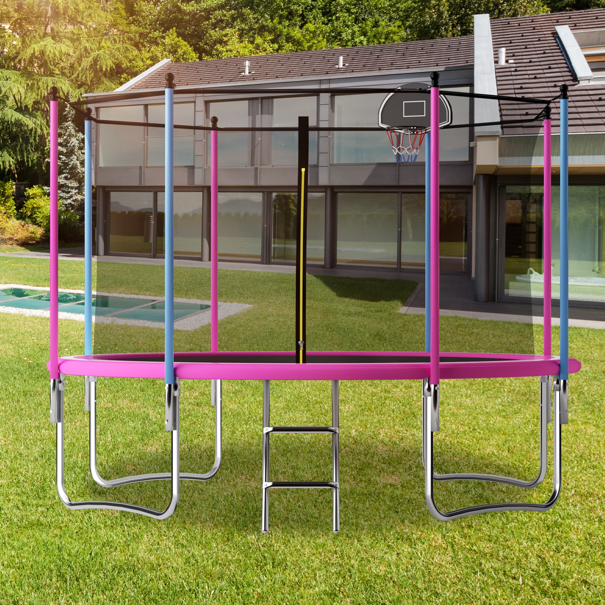 Outdoor Trampoline with Basketball Hoop and Safety Net, Heavy Duty Rebounder with Weatherproof Steel Frame, 366L x 366W x 76H cm, Pink | Aosom UK