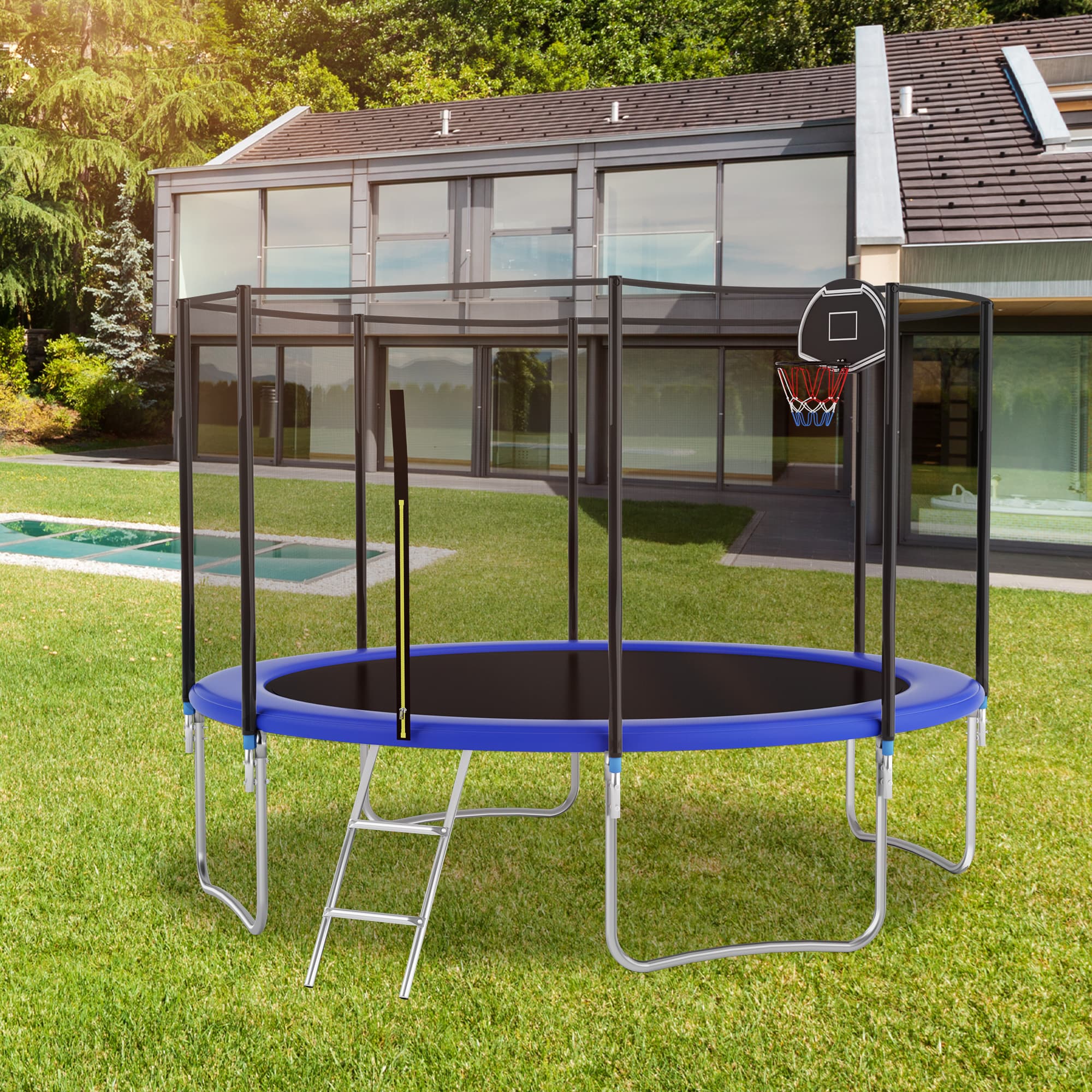 Outdoor Trampoline with Basketball Hoop and Safety Net, Heavy Duty Rebounder with Weatherproof Steel Frame, 366L x 366W x 76H cm, Blue | Aosom UK thumbnail 3