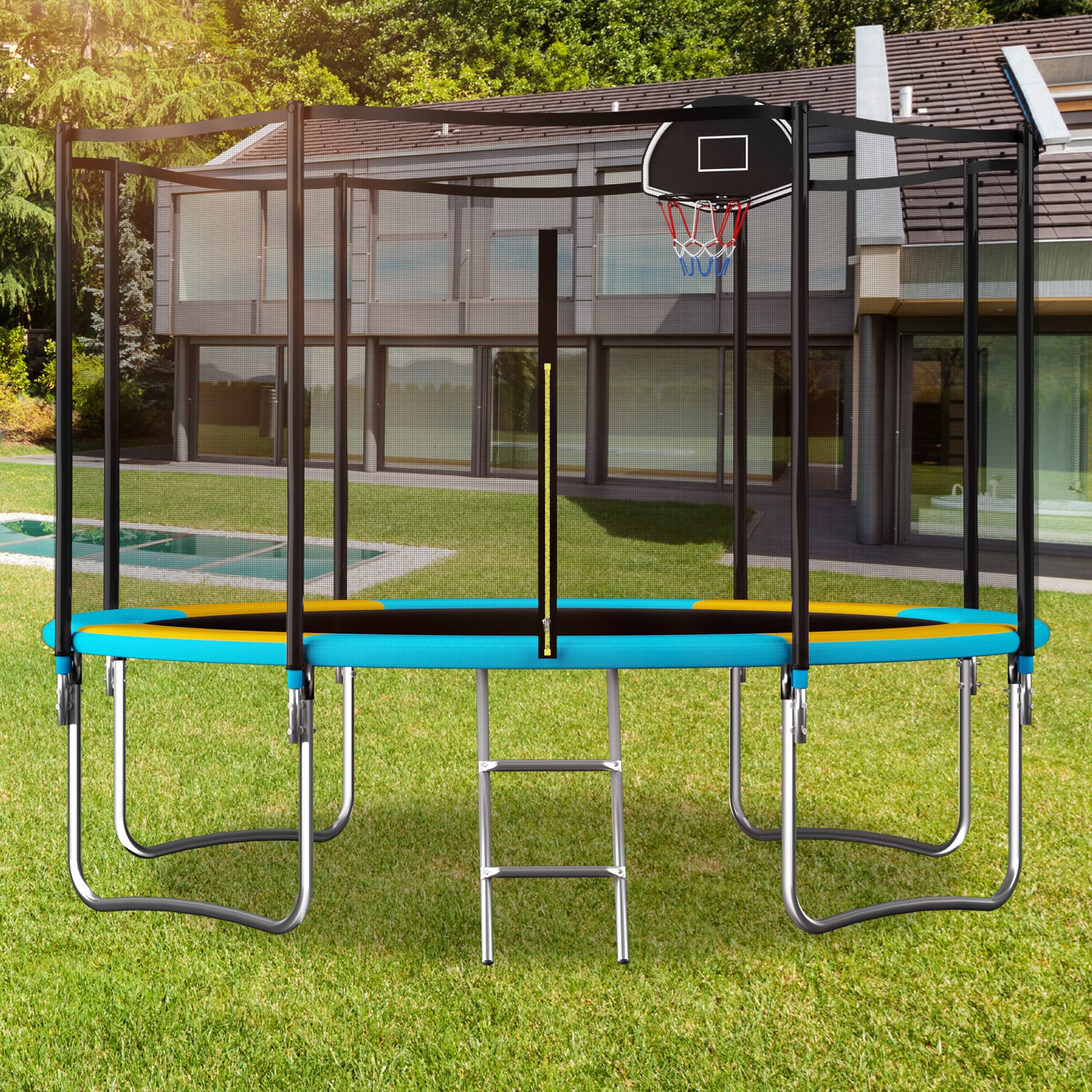 Outdoor Trampoline with Basketball Hoop and Safety Net, Heavy Duty Rebounder with Weatherproof Steel Frame, 366L x 366W x 76H cm, Blue | Aosom UK
