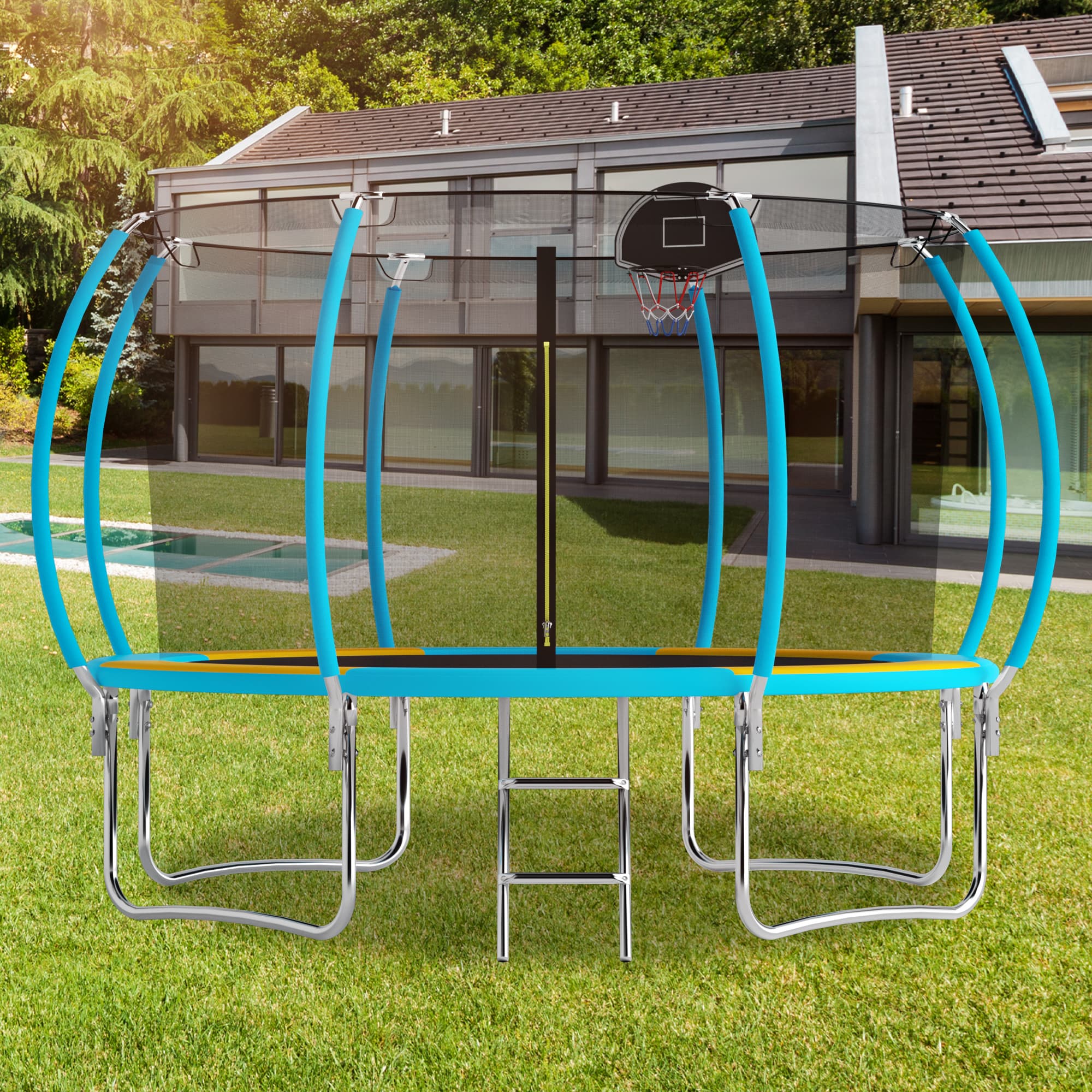 Outdoor Trampoline with Basketball Hoop and Safety Net, Heavy Duty Rebounder with Weatherproof Steel Frame, 366L x 366W x 76H cm, Blue | Aosom UK thumbnail 2