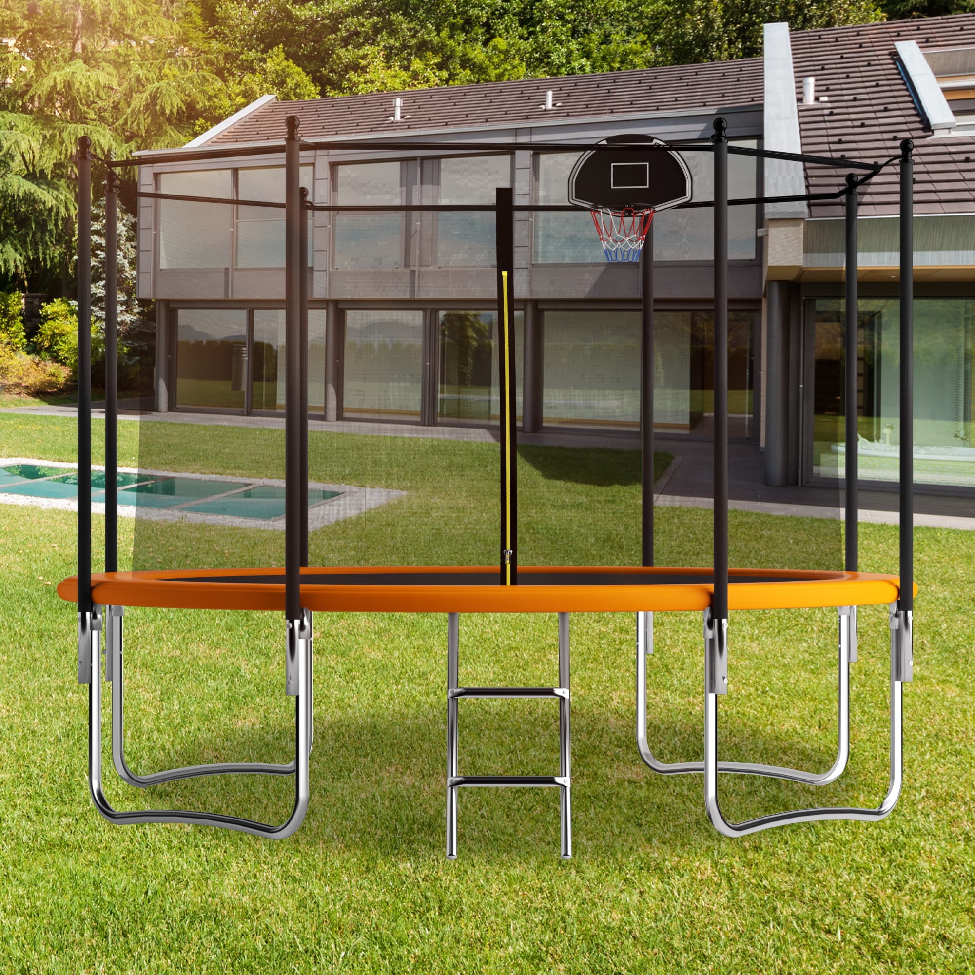 Outdoor Trampoline with Basketball Hoop and Safety Net, Heavy Duty Rebounder with Weatherproof Steel Frame, 366L x 366W x 76H cm, Orange | Aosom UK thumbnail 2