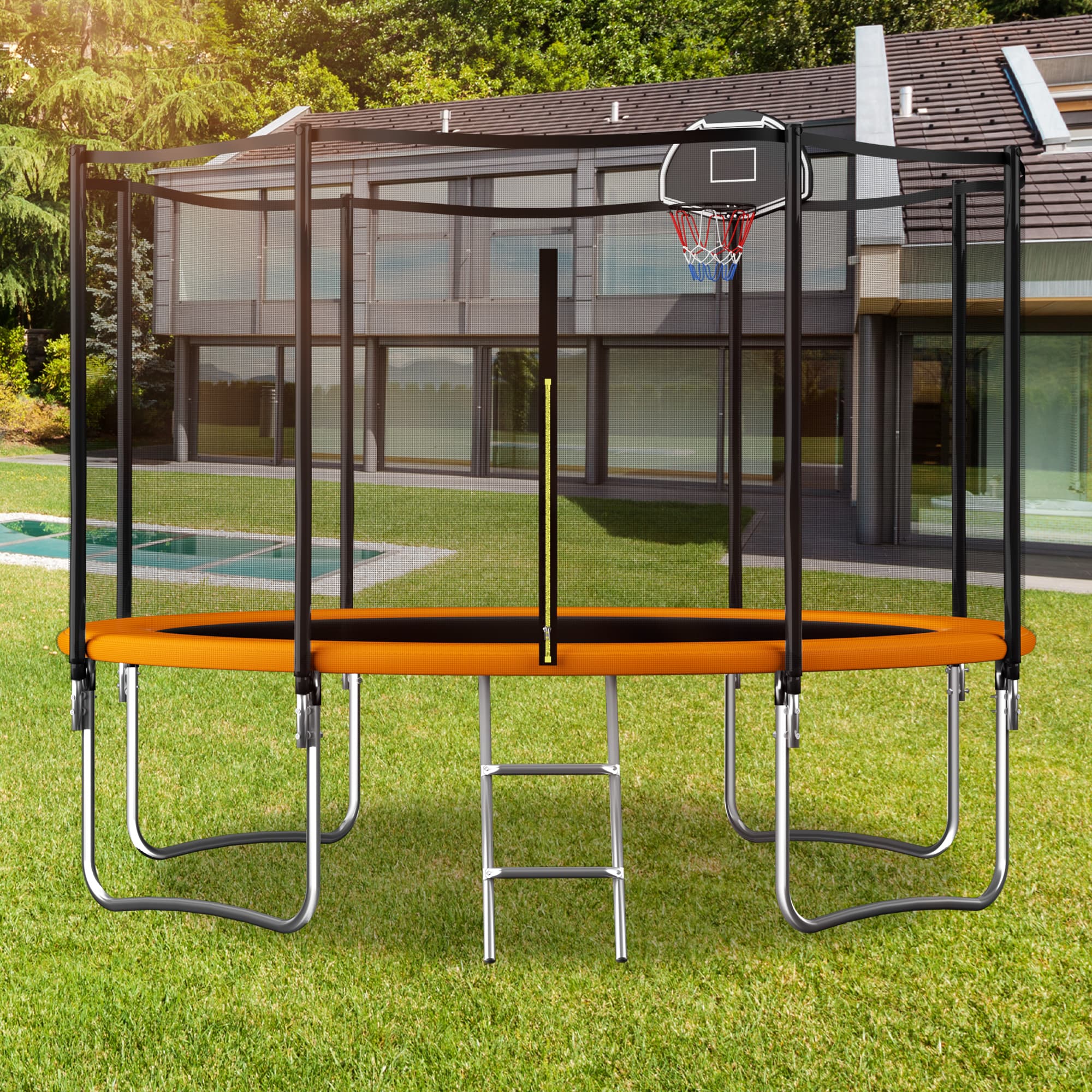 Outdoor Trampoline with Basketball Hoop and Safety Net, Heavy Duty Rebounder with Weatherproof Steel Frame, 366L x 366W x 76H cm, Orange | Aosom UK