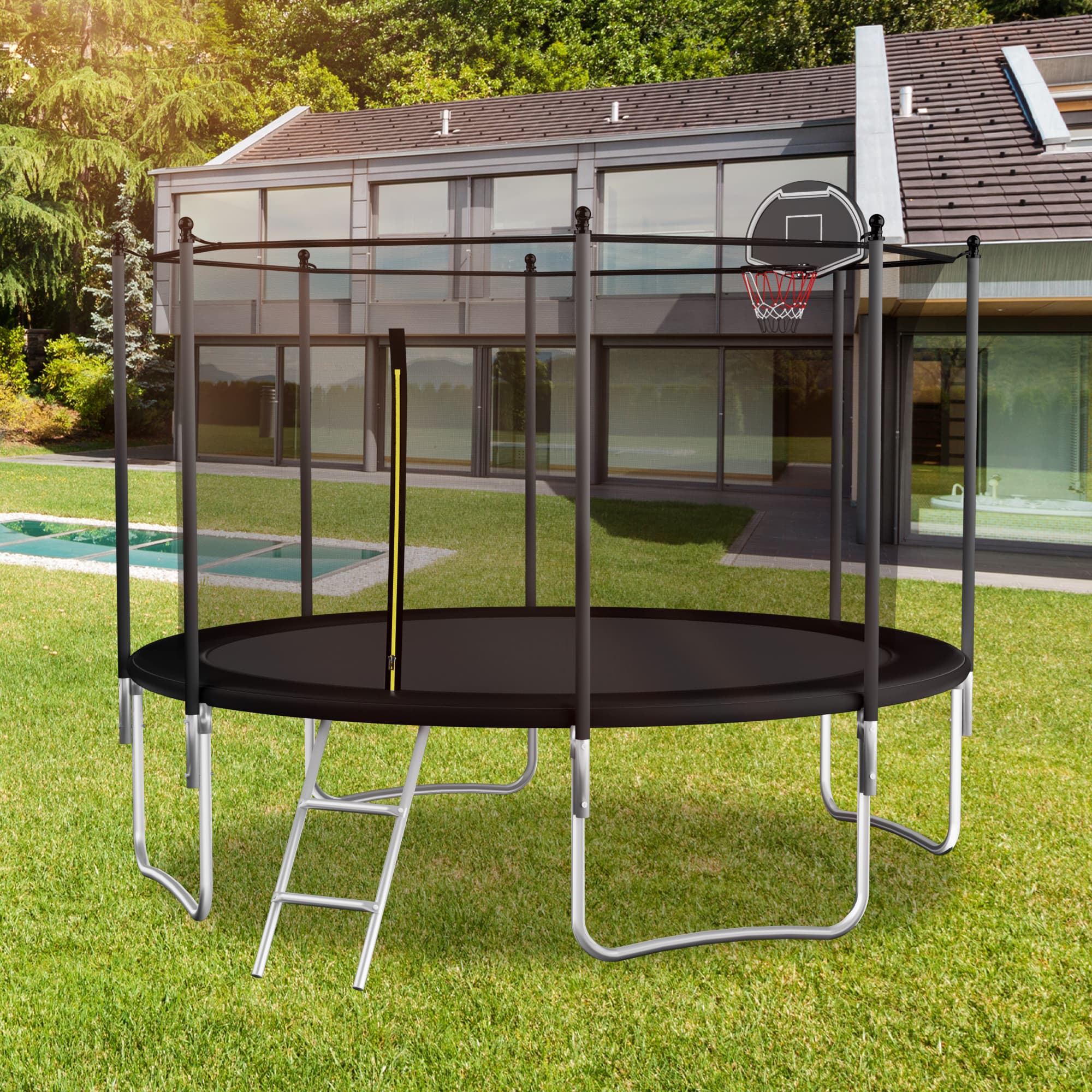 Outdoor Trampoline with Basketball Hoop and Safety Net, Heavy Duty Rebounder with Weatherproof Steel Frame, 366L x 366W x 76H cm, Black | Aosom UK